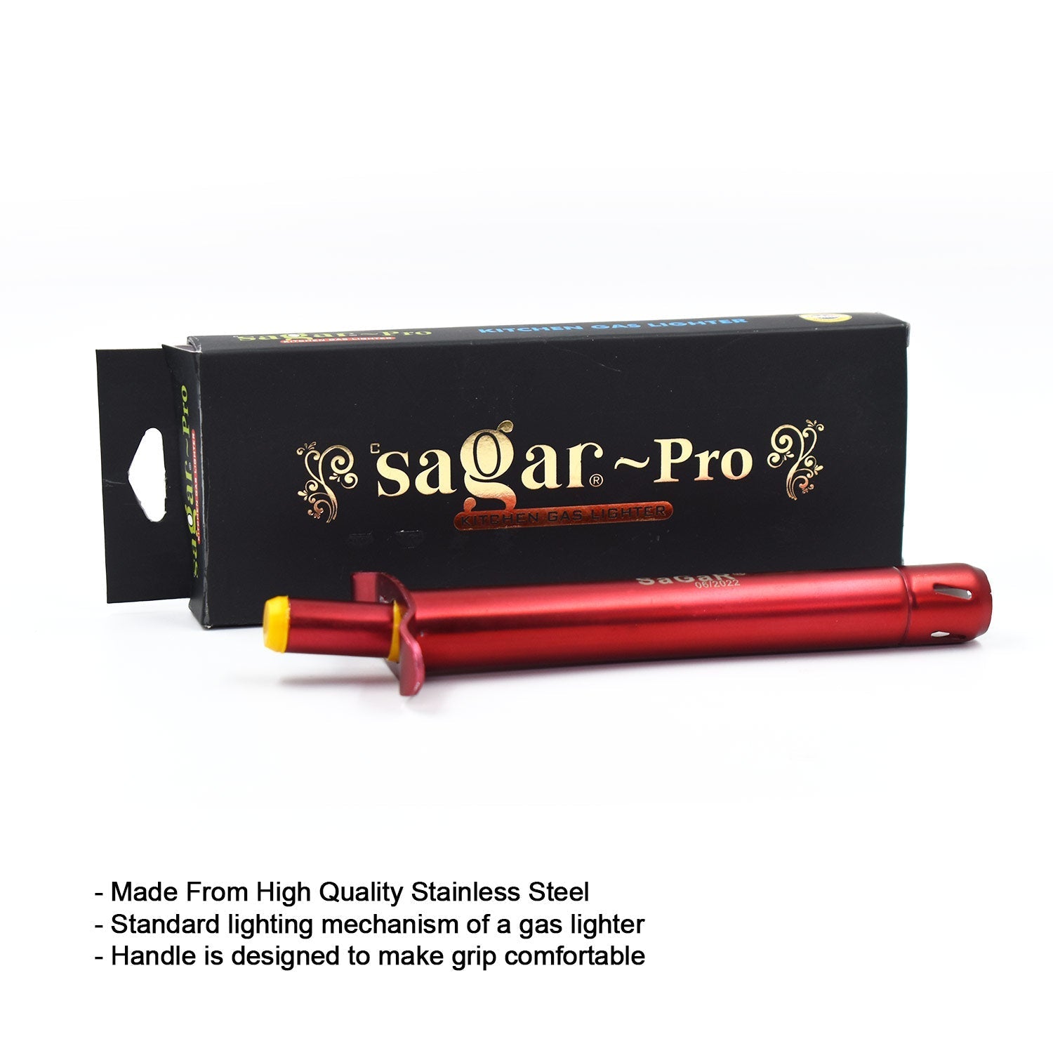 Ergonomic stainless steel gas lighter designed for comfortable household use.