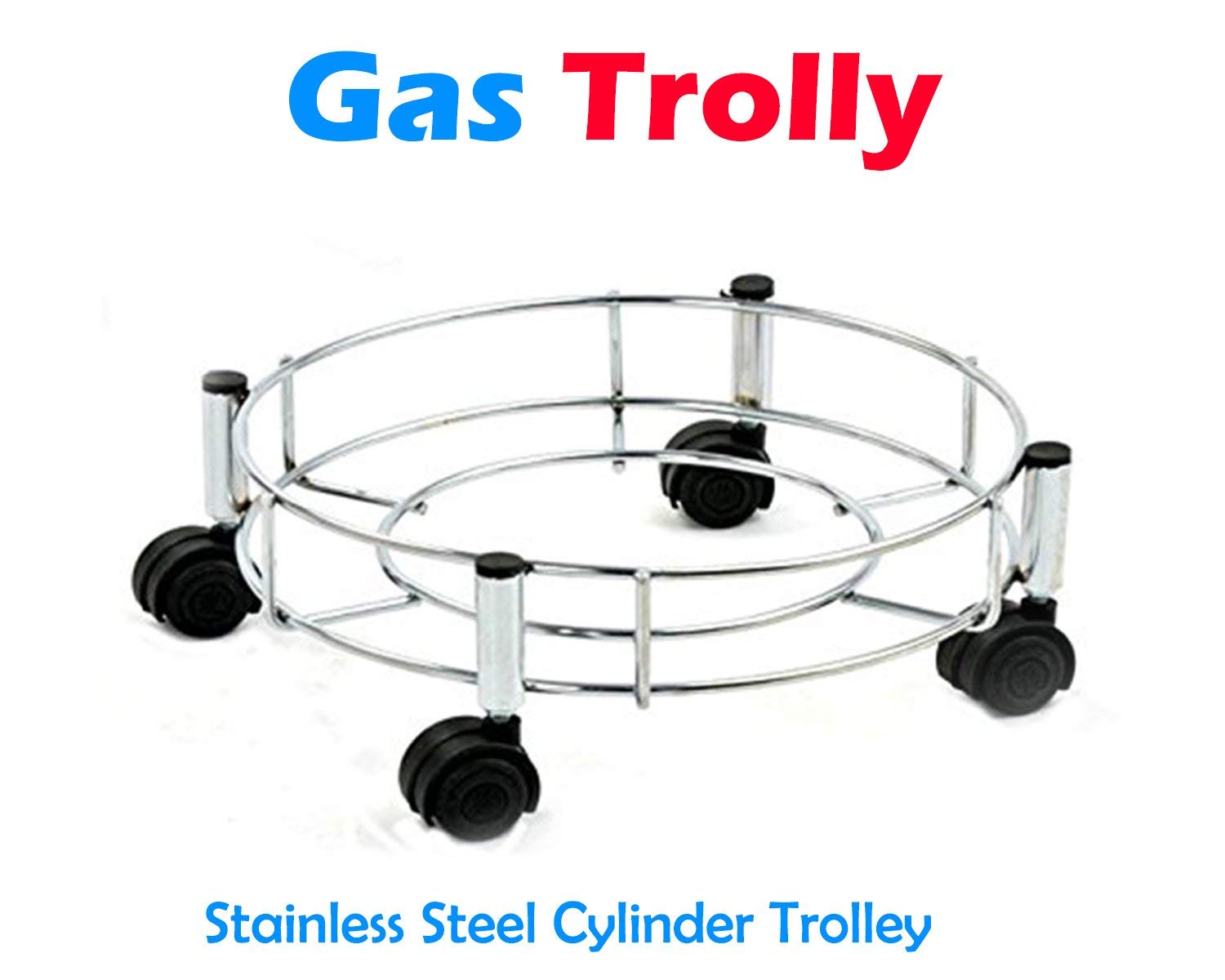 Top-down view of a robust gas cylinder trolley with durable castor wheels