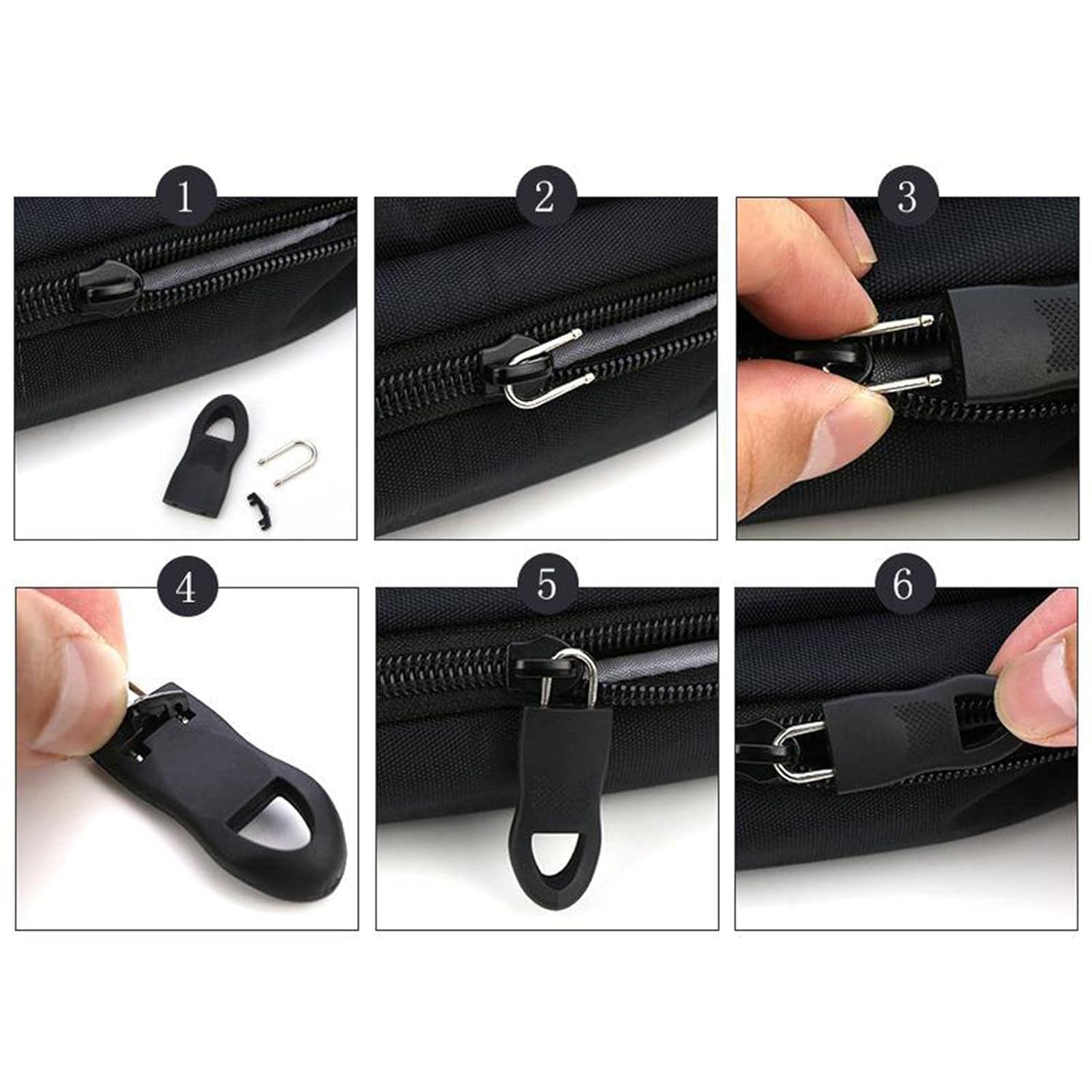 Hand demonstrating easy attachment of a zipper pull tab to a slider.