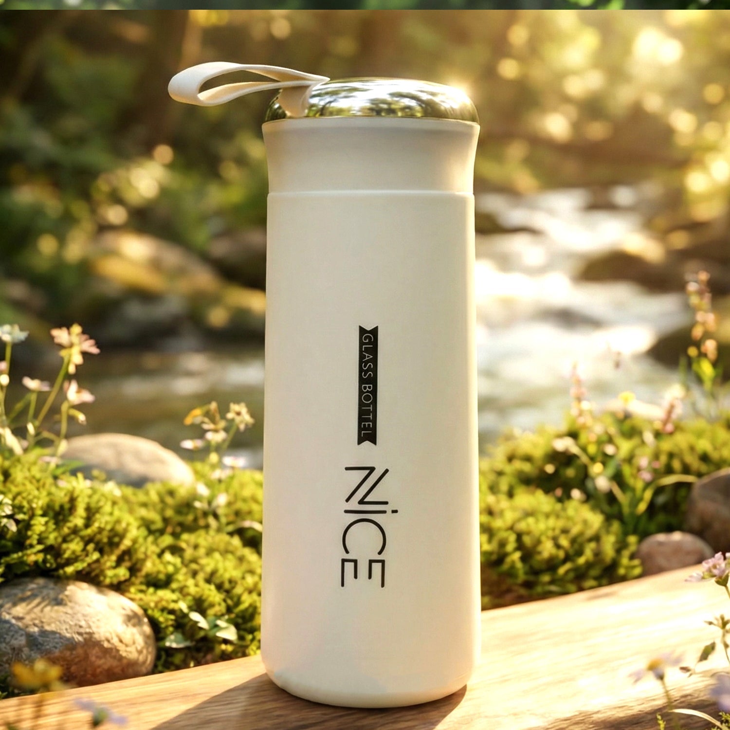 Premium 400 ML white glass water bottle with protective silicone cover