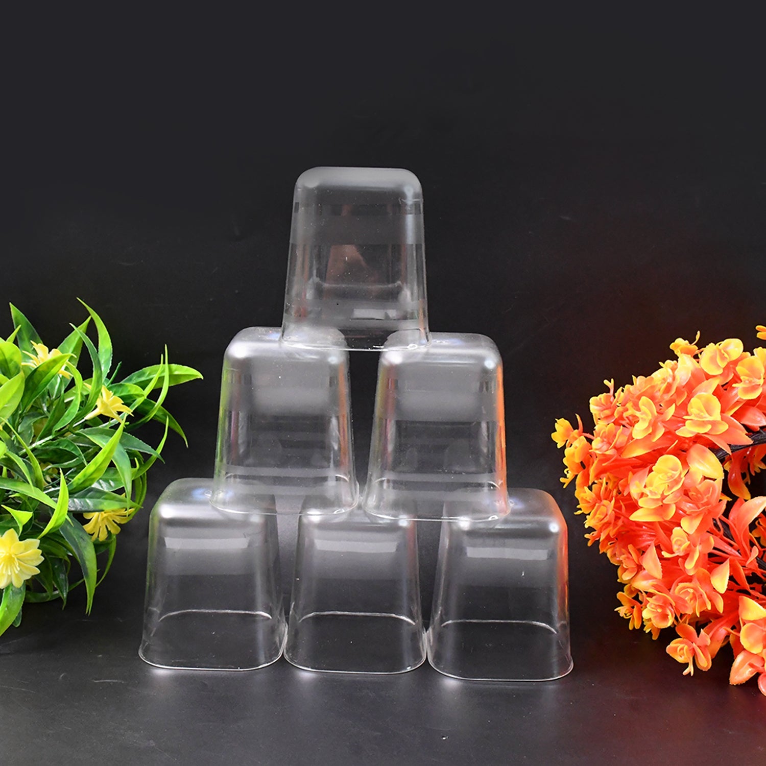 Close-up of diamond design plastic glasses in transparent set