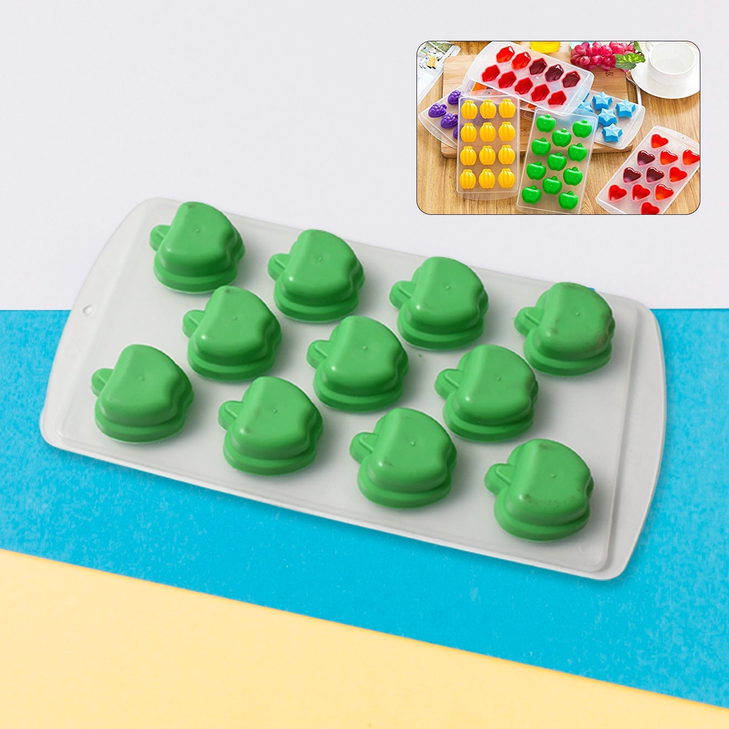 Flexible silicone fruit shape ice cube tray with multiple cavities.