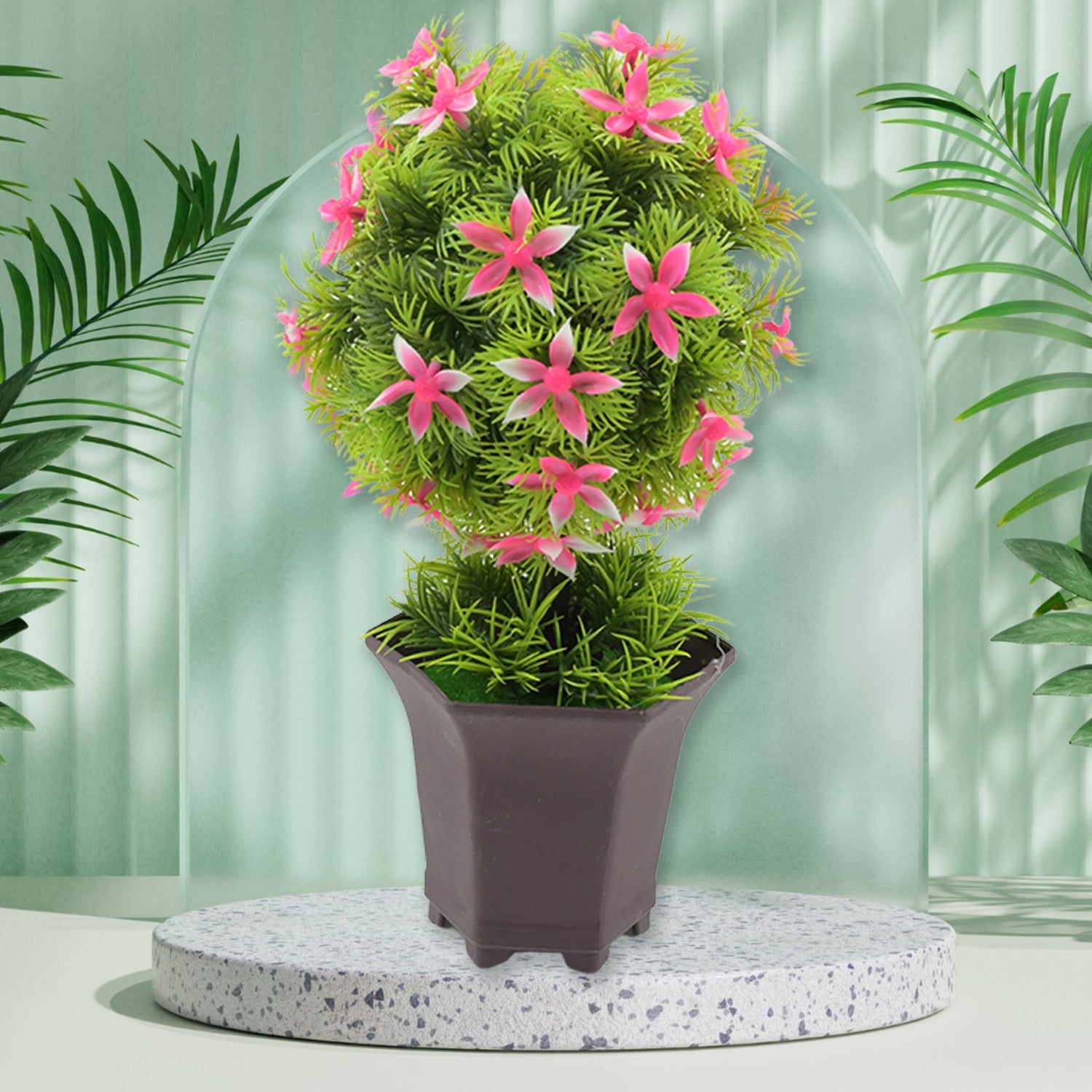 Artificial flower plant with a cute white pot on a wooden surface, enhancing home decor.