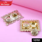 Close-up of rectangular pooja thali tray with ornamental border and pooja essentials