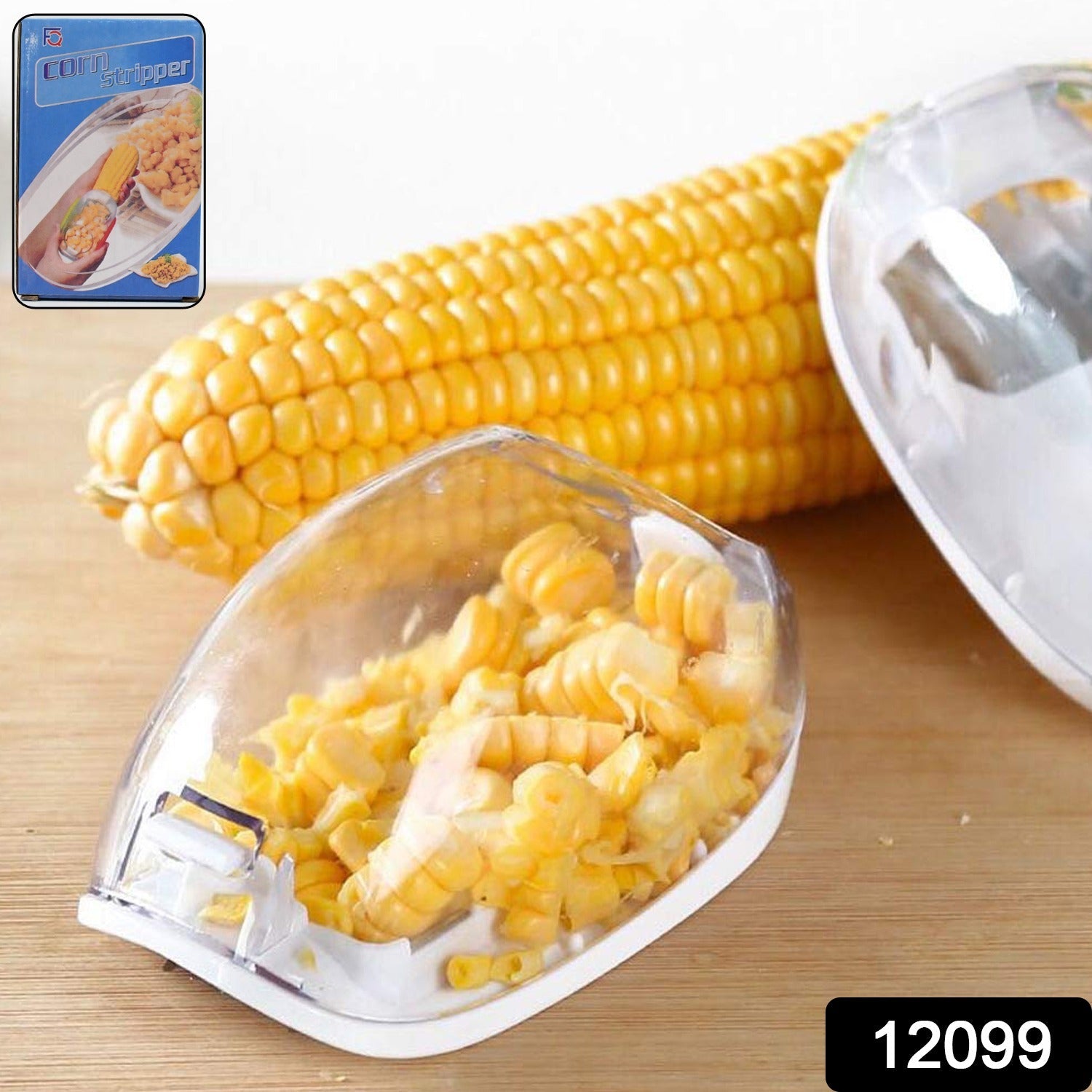 Close-up of the sharp stainless steel blade of the corn kernel stripper.