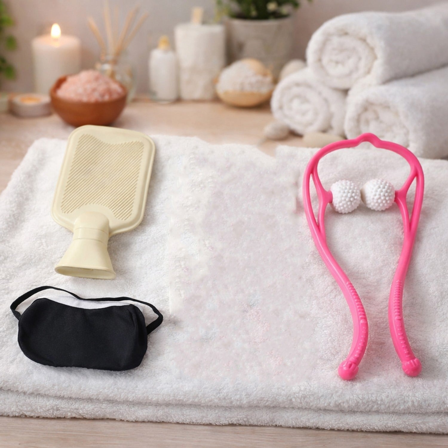 Complete self care and relaxation combo set neatly packed in a brown box for home wellness