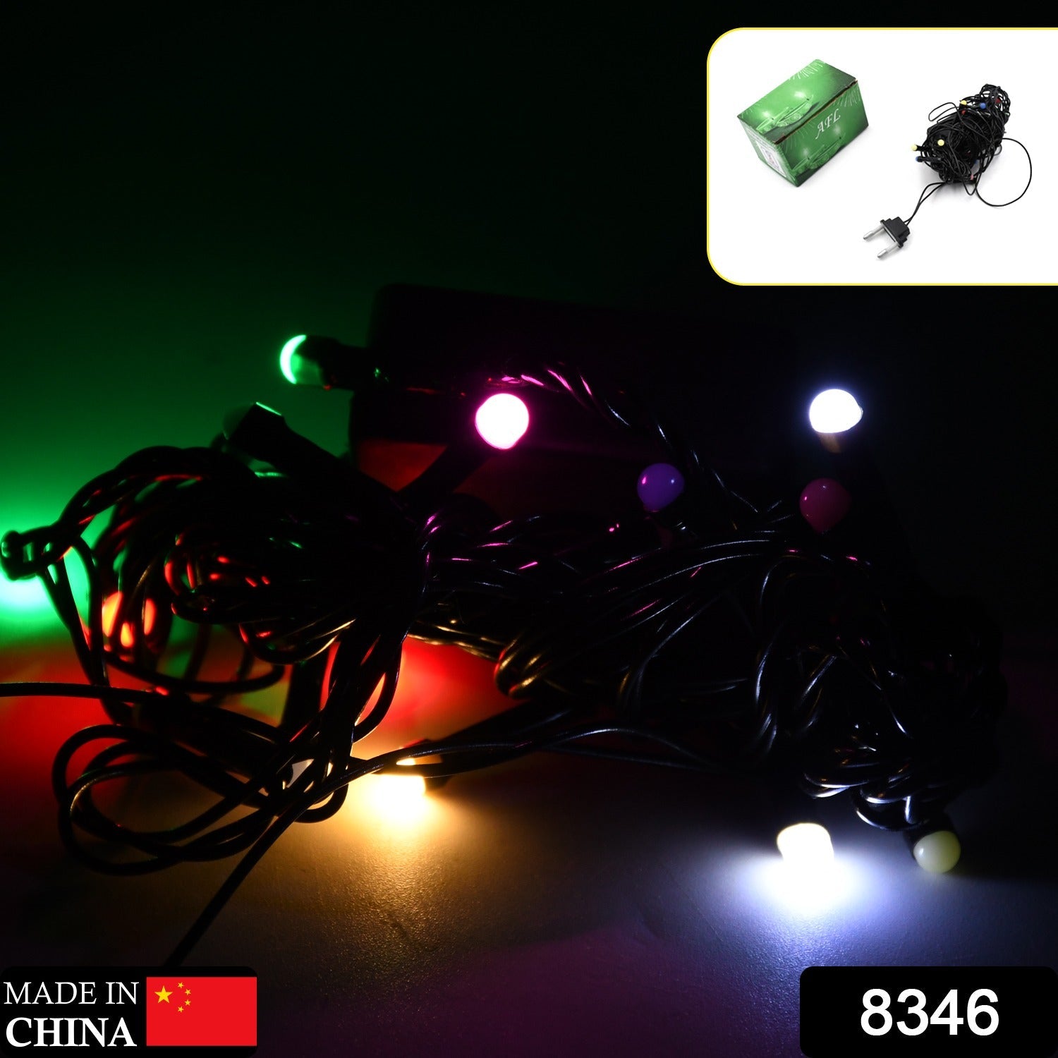 Close-up of 3-meter multi-color LED string lights for Diwali decoration.
