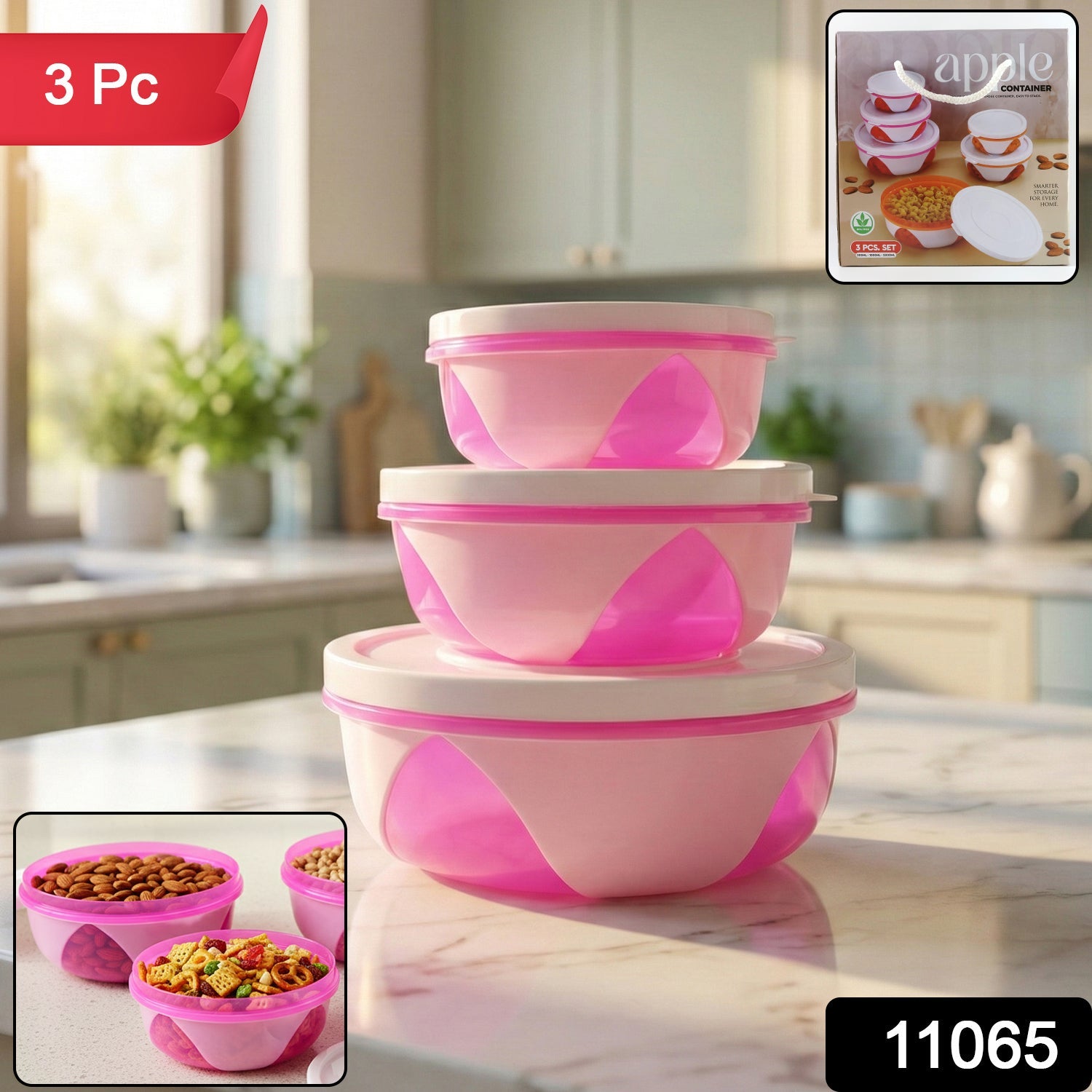 Close-up of airtight food storage boxes in pink and white colours