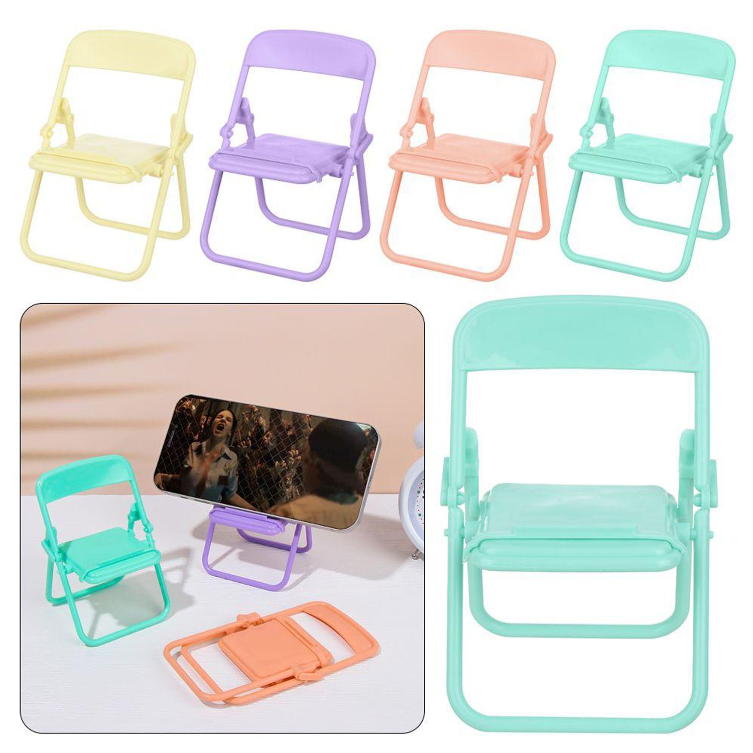 Ergonomic chair mobile stand securely holding a smartphone for hands-free viewing.