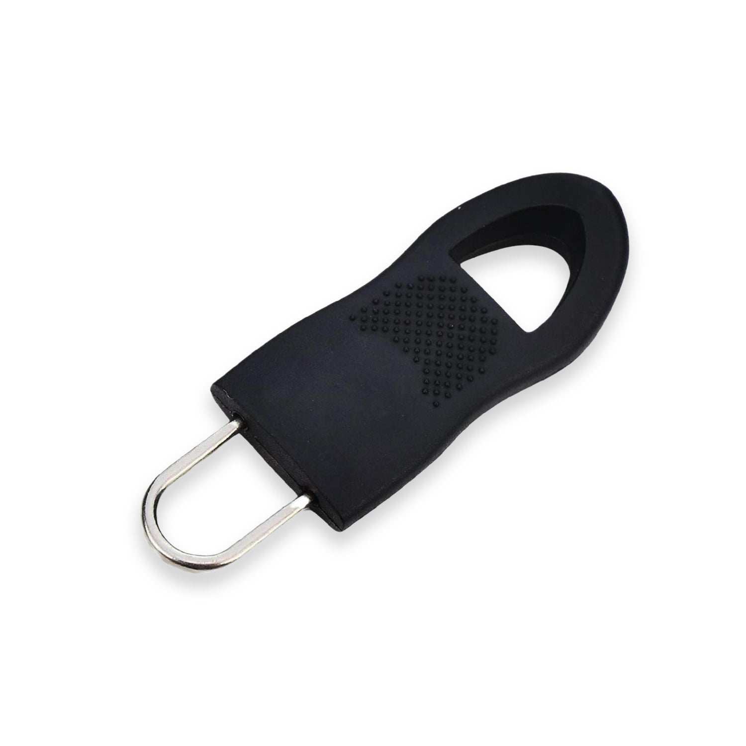 Black zipper pull tab attached to a backpack for an enhanced grip.