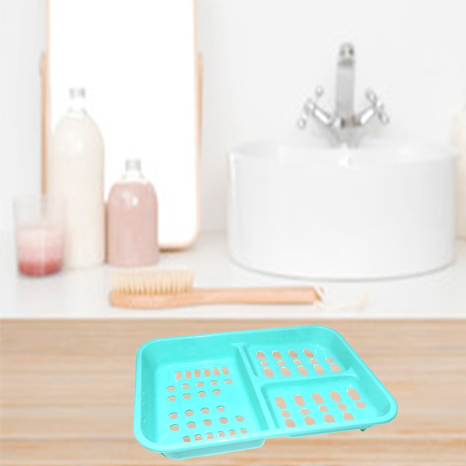 White 3-in-1 self-draining soap dish with three distinct compartments for bathroom use.