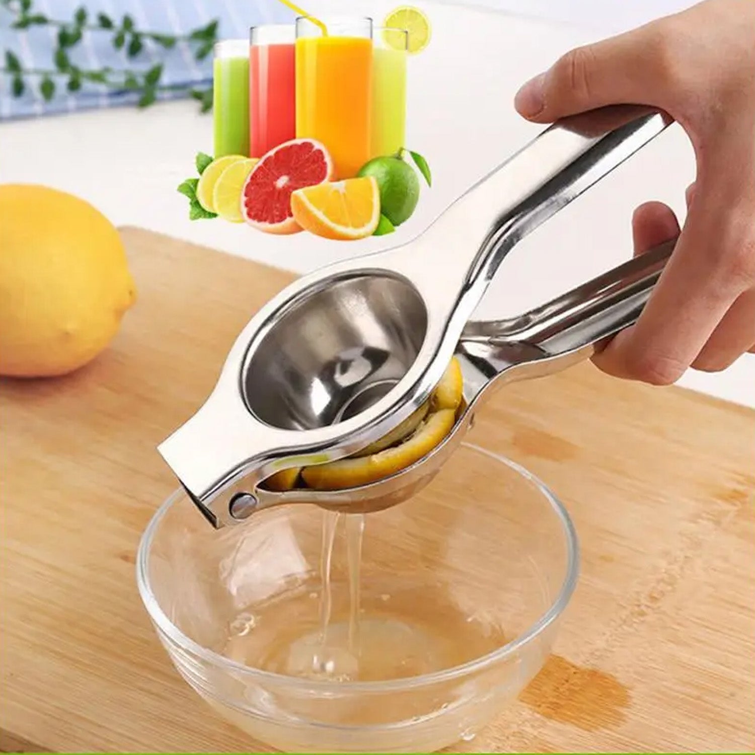 Manual lemon squeezer featuring a comfortable handle for easy operation.