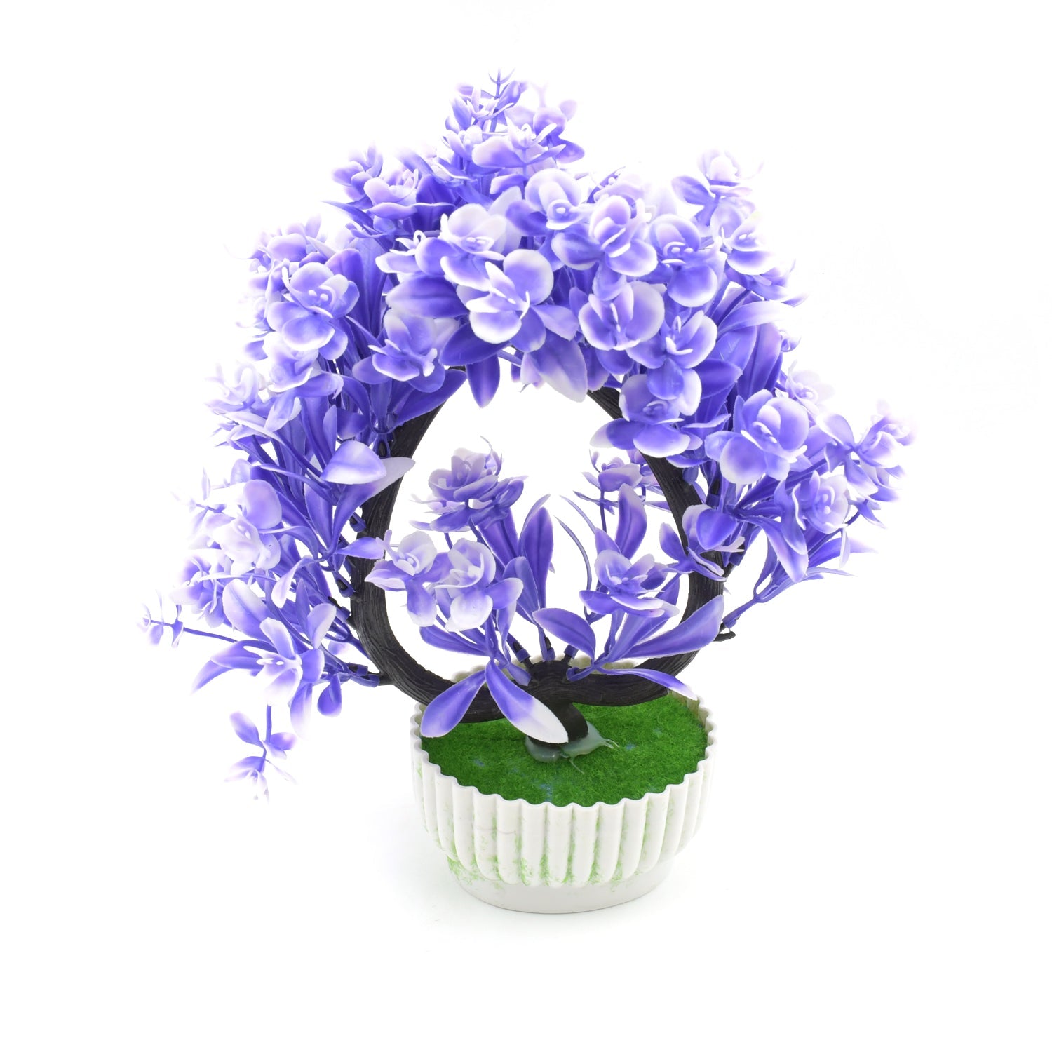 Close-up of the realistic green leaves and delicate artificial flowers in a white pot, showcasing its quality.