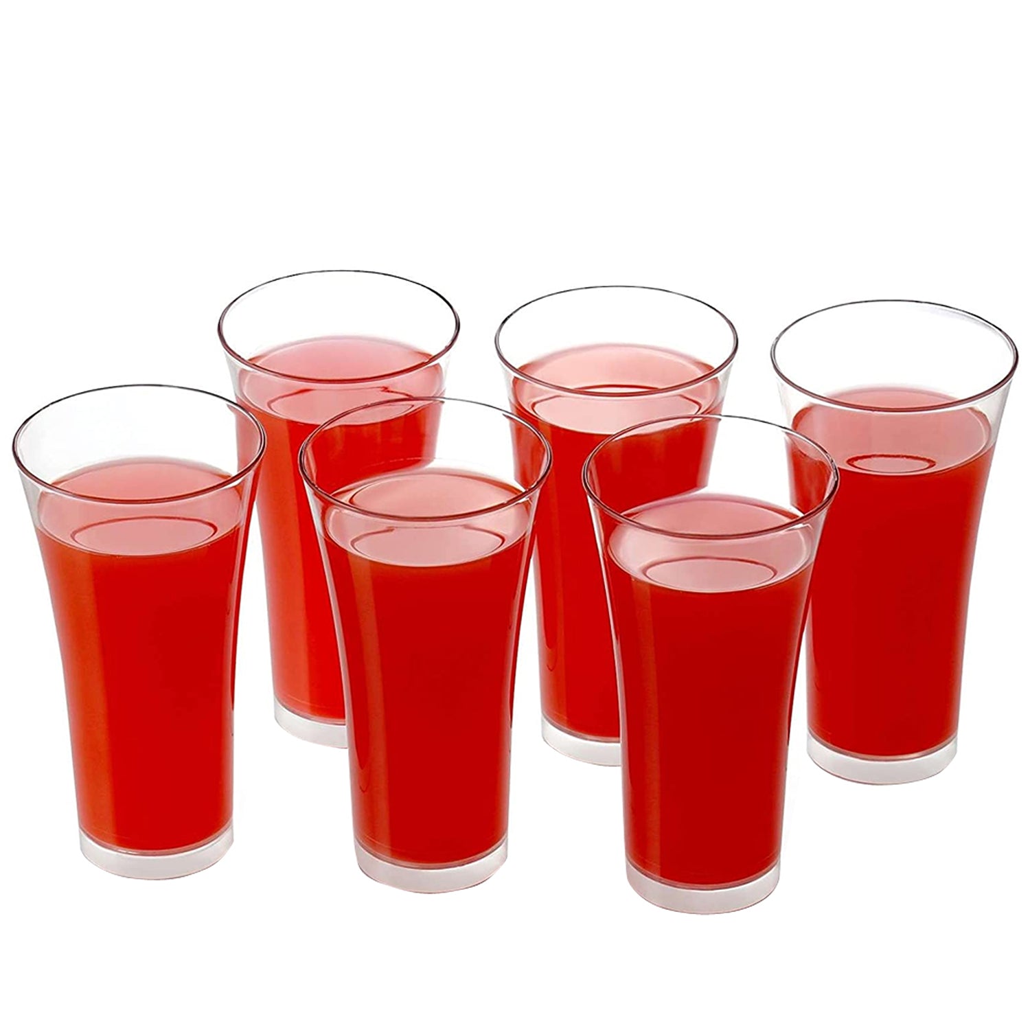 Group of six empty transparent plastic water glasses arranged neatly.