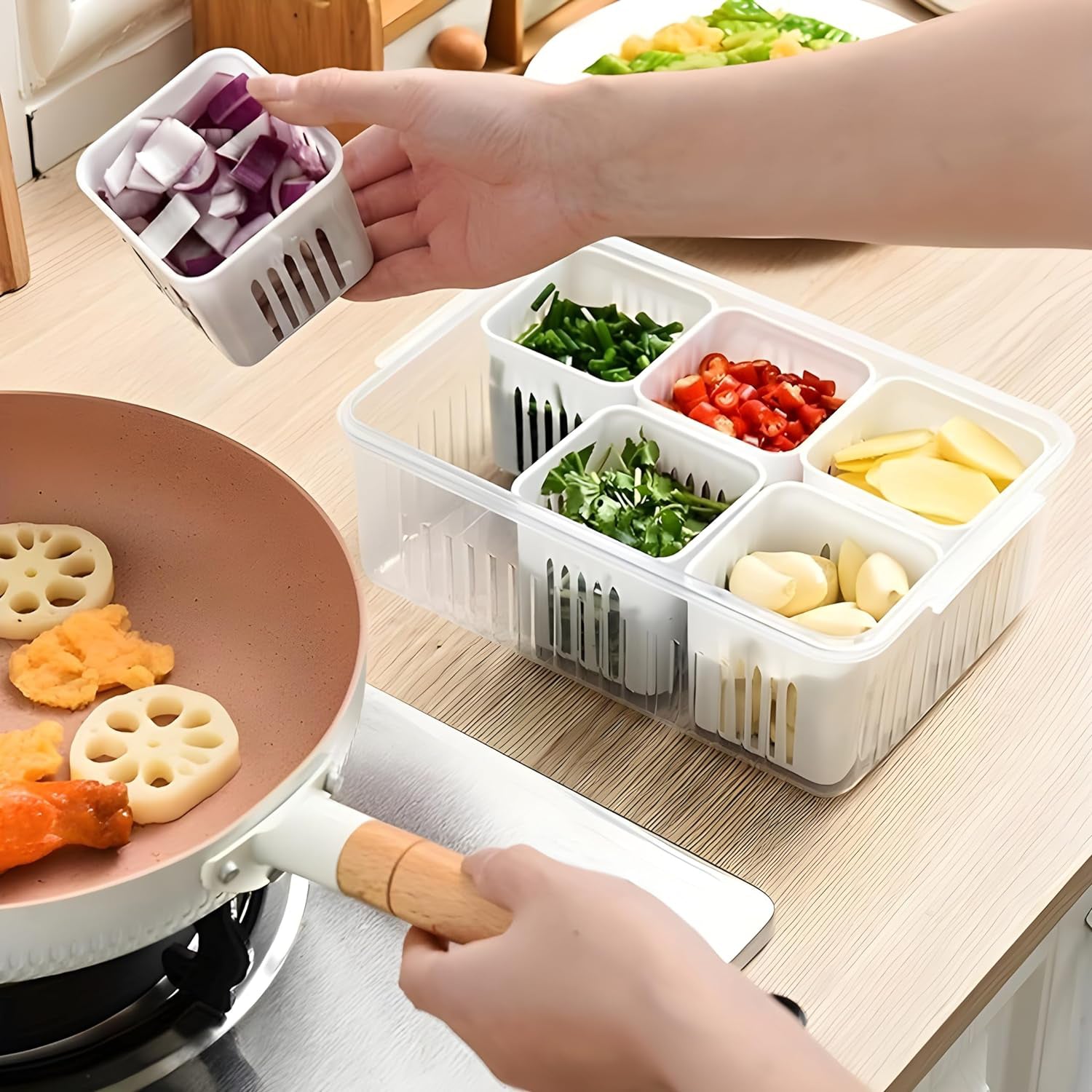 Airtight fridge storage box safely storing frozen items in a freezer, highlighting its versatility.