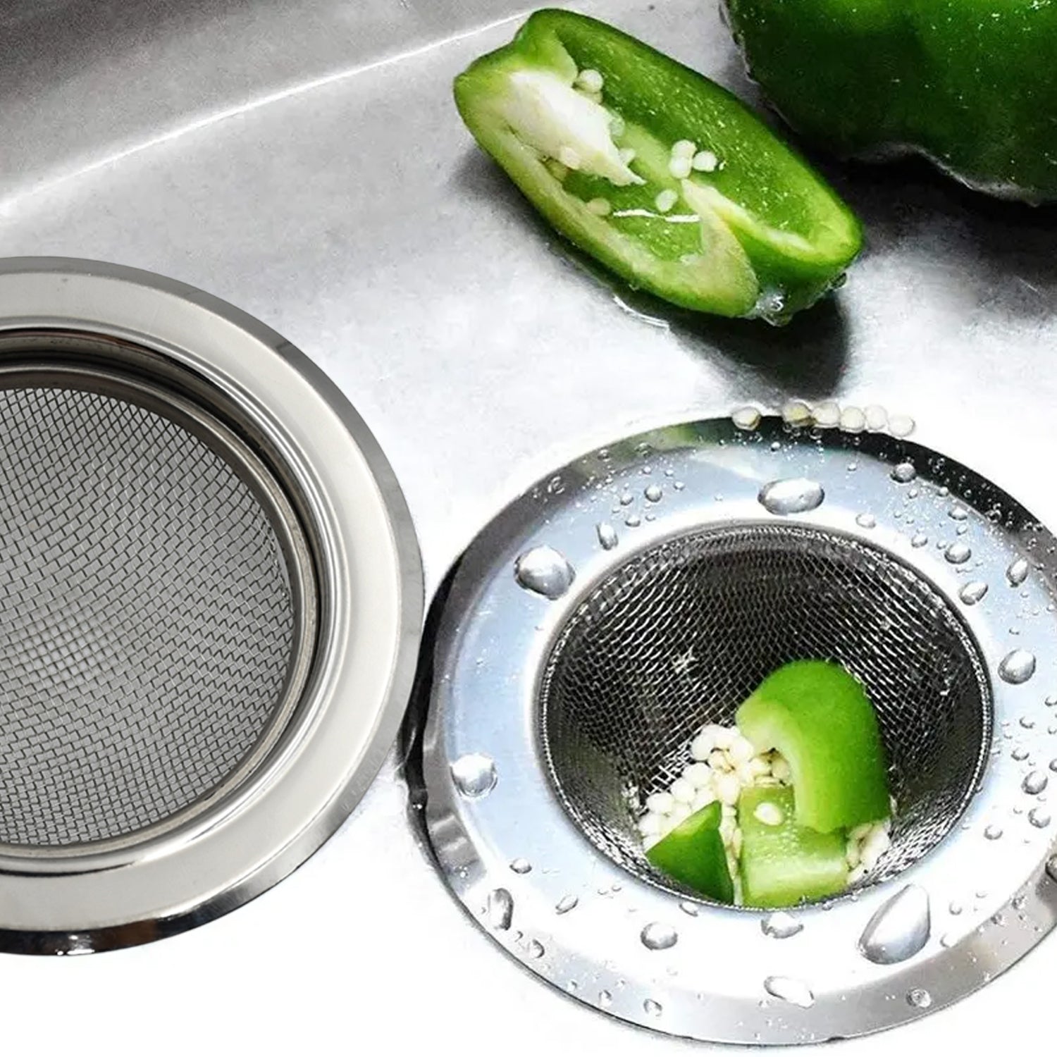 Detailed view of the sink strainer's fine mesh design for effective clog prevention.