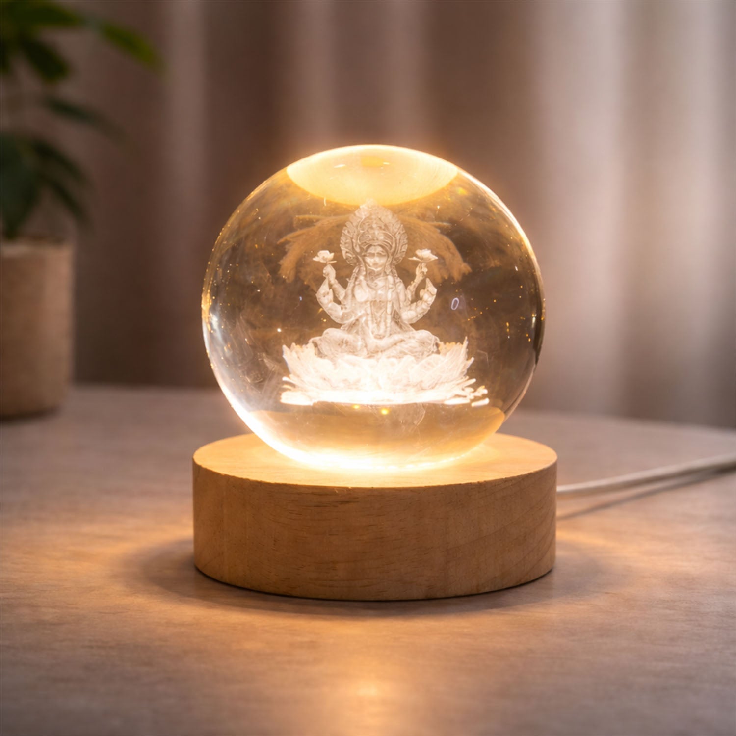 Engraved 3D crystal ball table lamp with warm LED illumination