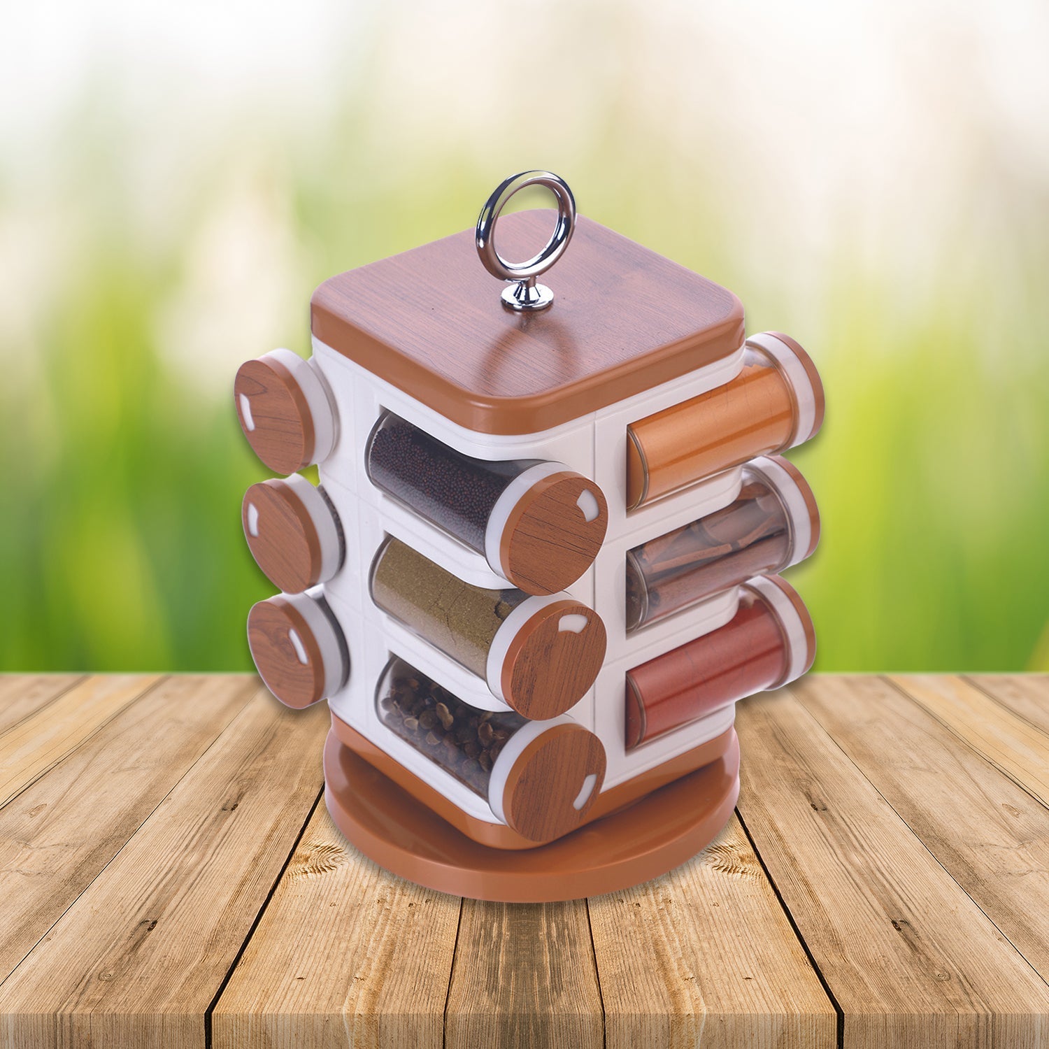 Ganesh 12-jar revolving spice rack, showcasing transparent jars with a wood-finish base.