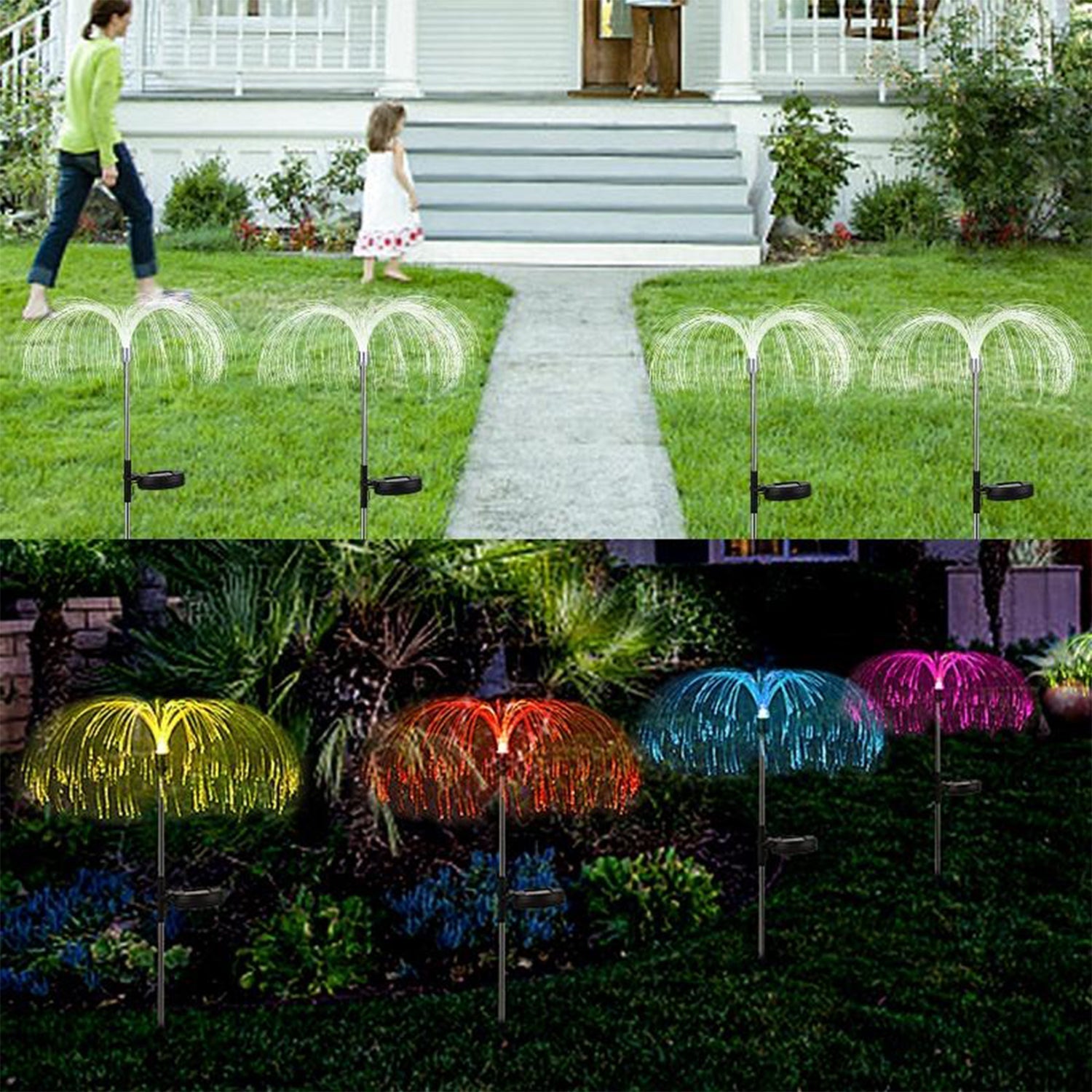 Close-up of solar garden lights creating jellyfish firework effect in outdoor decor