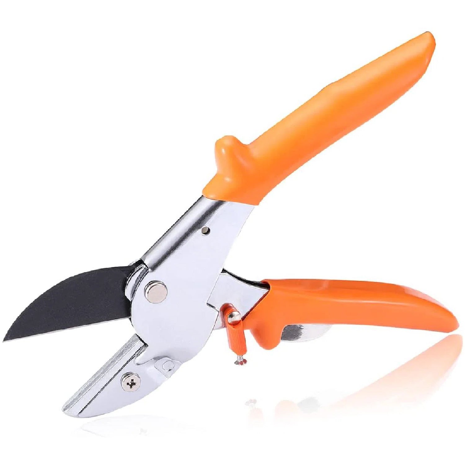 Garden scissors shown in use, making a clean cut on a plant stem.