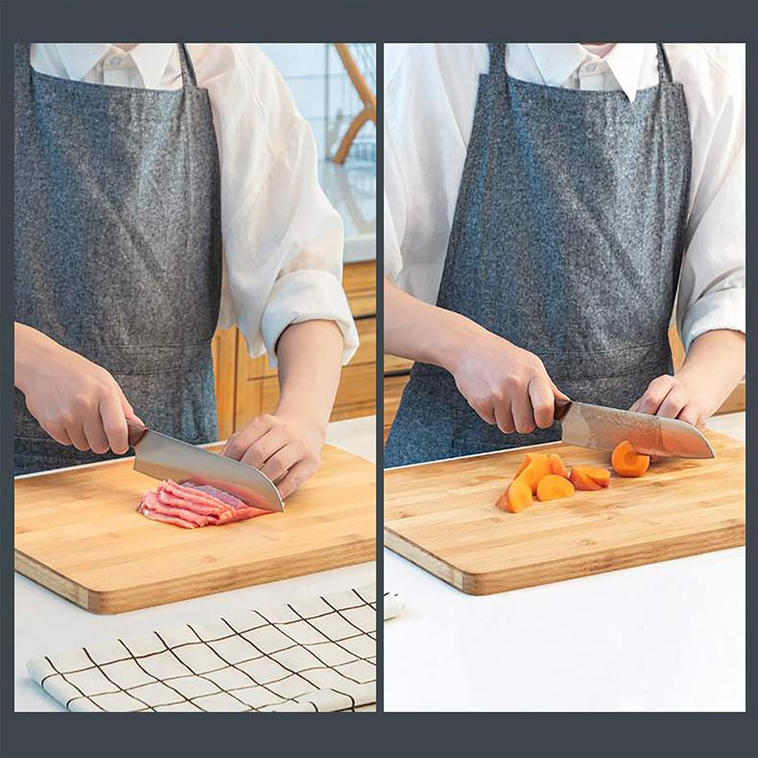Side profile of the thick wooden chopping board, showcasing its robust construction.