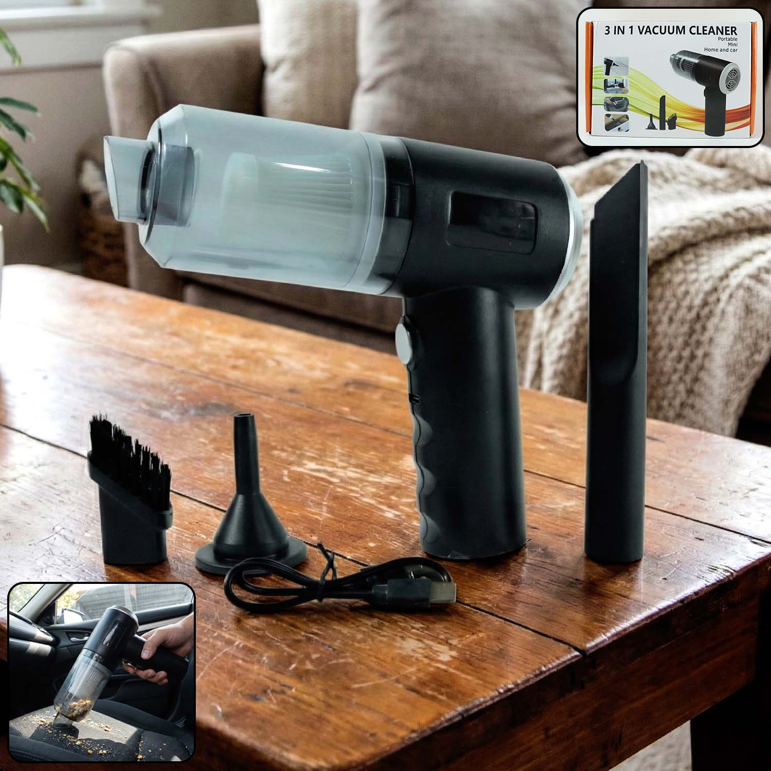 Wireless 3-in-1 Mini Car Vacuum with blower function and attachments.