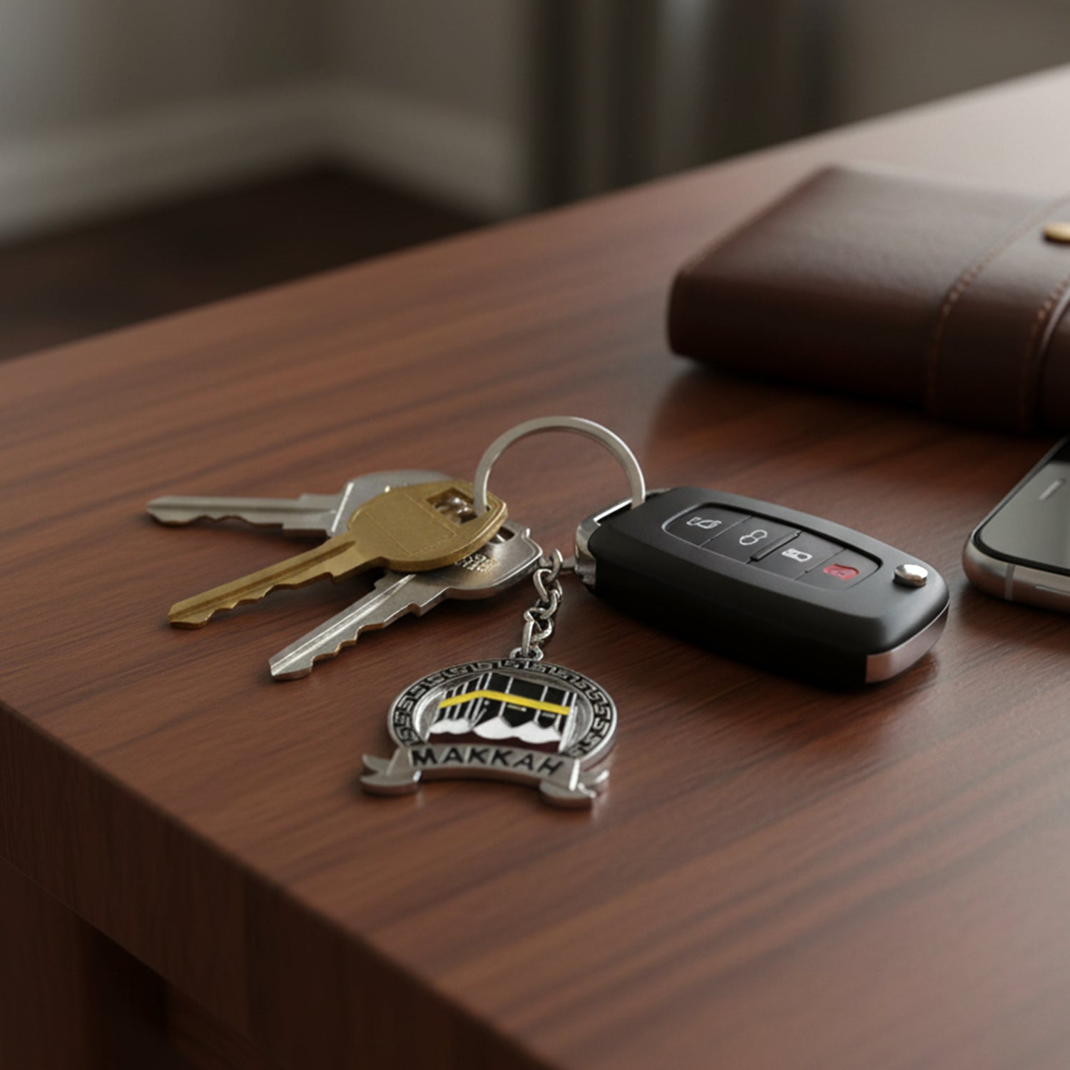 Premium Makkah Design Metal Keychain With Round Pendant (1 Pc)