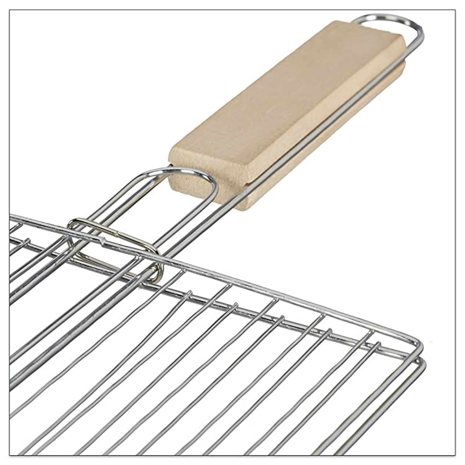 Foldable barbecue grill with wooden handle, perfect for outdoor cooking.