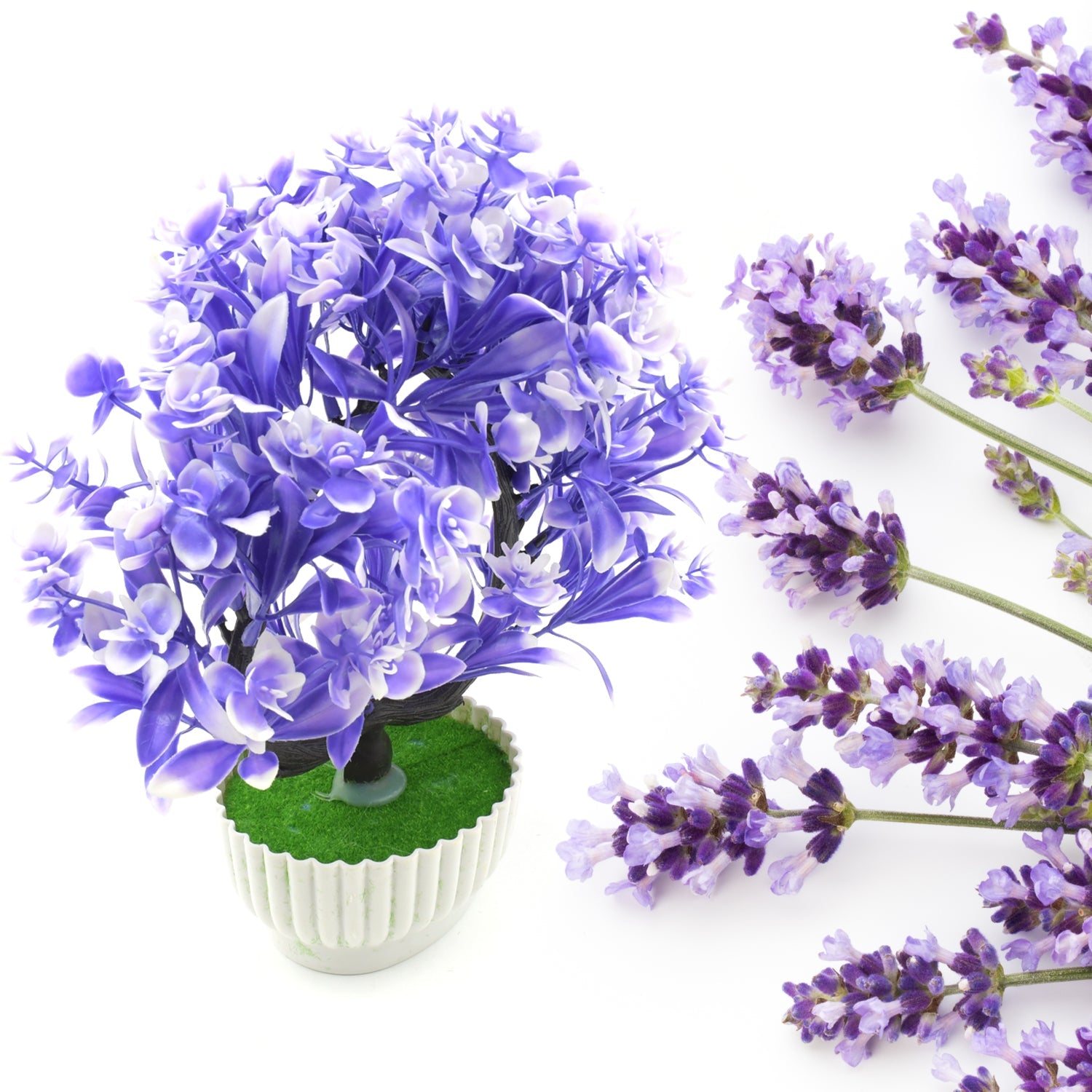 Artificial plant with a white pot placed on a modern shelf, complementing other decor items in a living room.