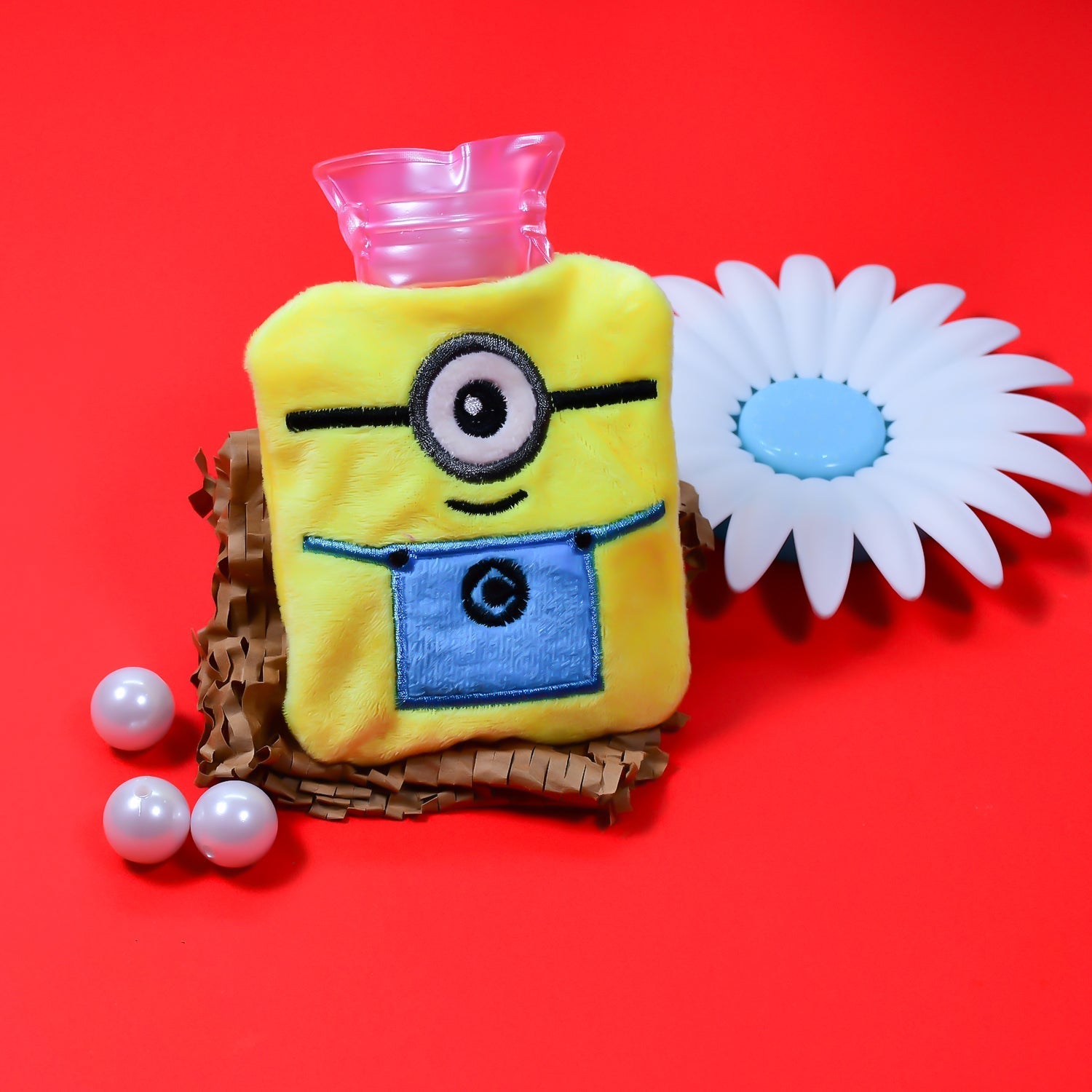 Close-up of the Minions hot water bag's durable natural rubber and soft fabric.
