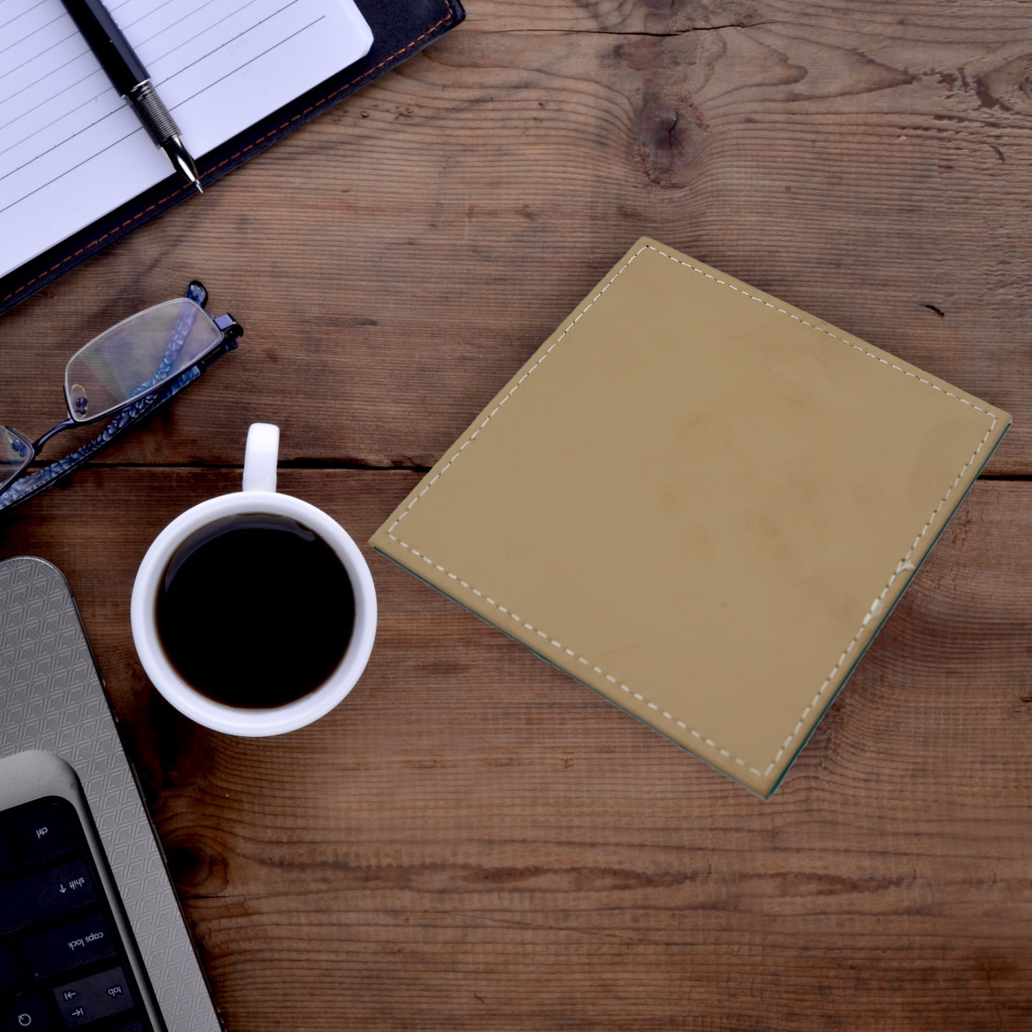 Heat resistant leather coaster showcasing its use under a coffee mug.