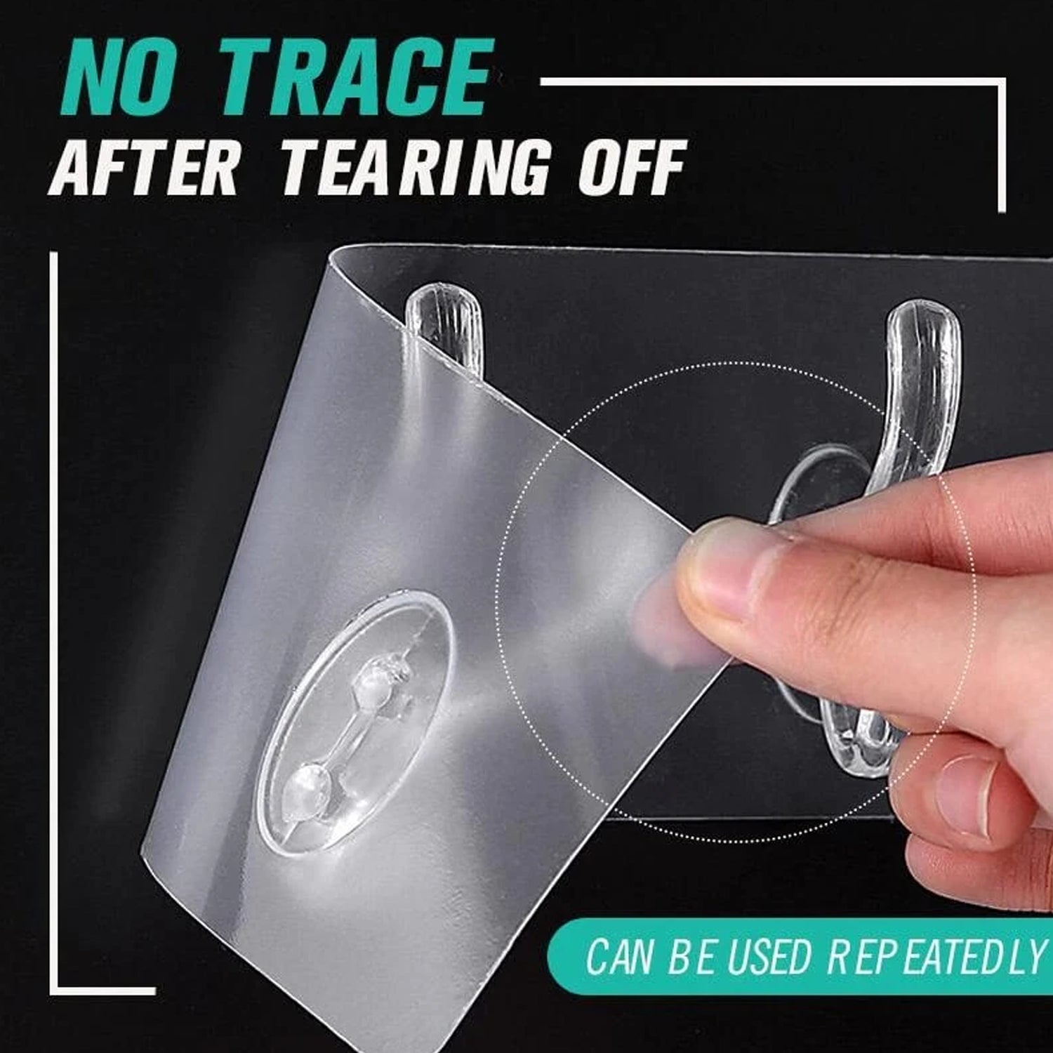 The strong adhesive backing of a GlimmerHome transparent hook, designed for easy peel-and-stick application.