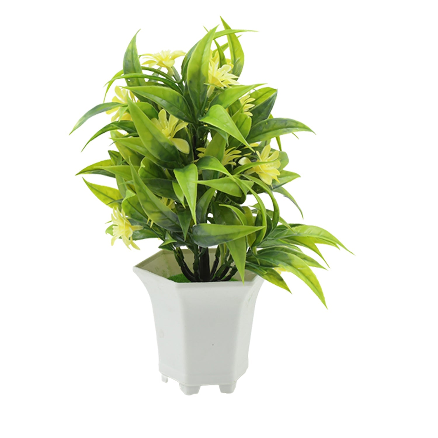 Elegant artificial flower plant displayed on a bookshelf in a modern living room.