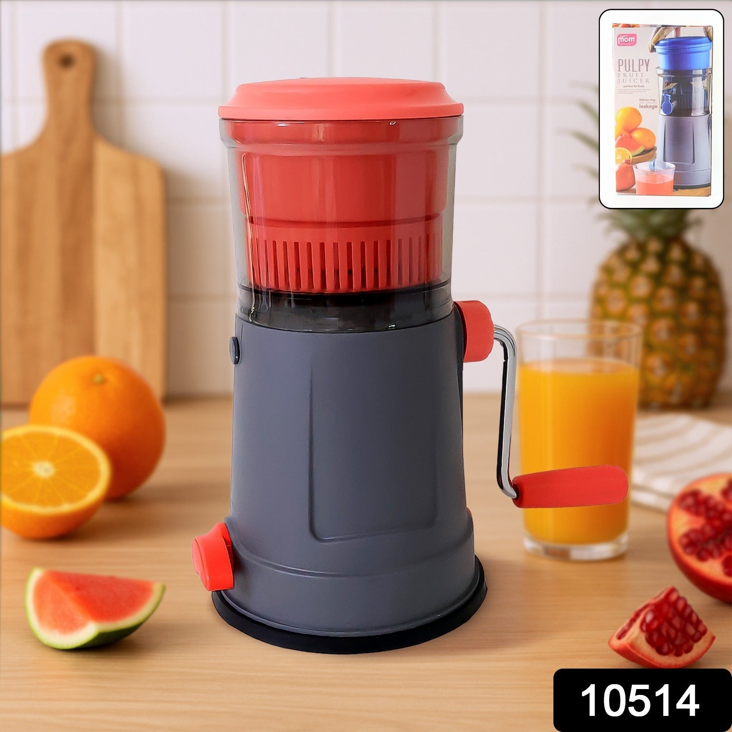 Manual fruit juicer showing ergonomic long handle for firm grip