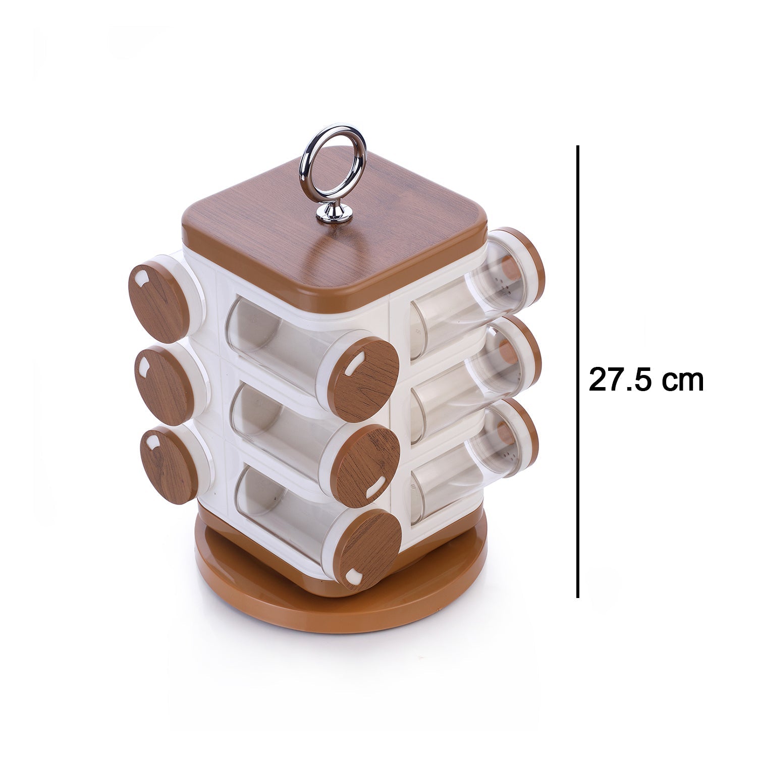 Ganesh revolving spice rack with all 12 transparent jars filled, ready for kitchen use.