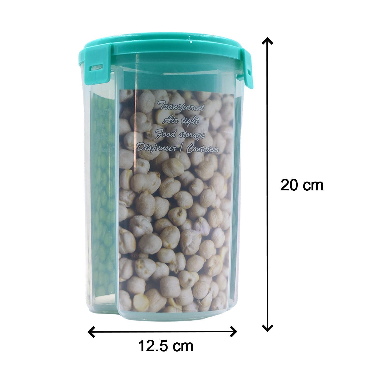 Close-up of the transparent 3-in-1 dispenser with three distinct sections and a secure lid.