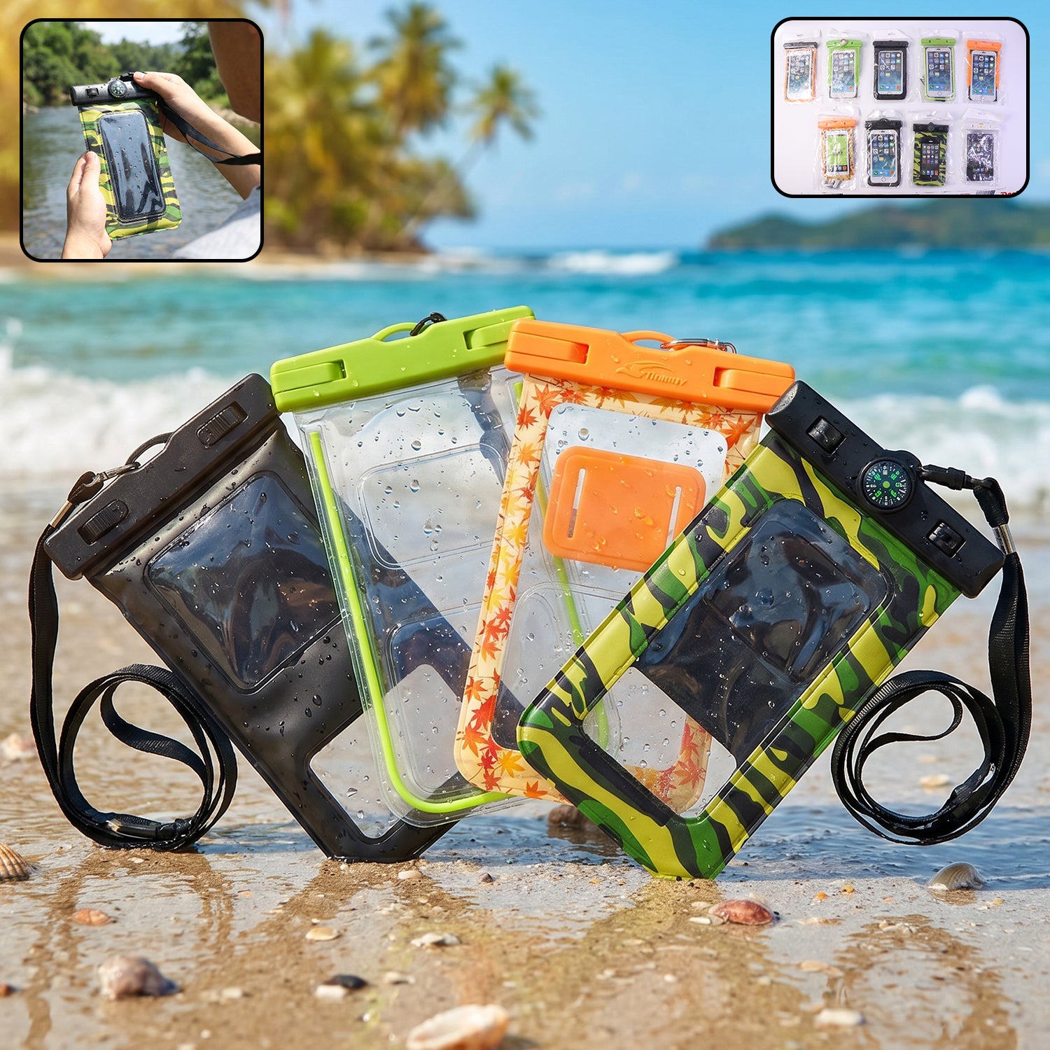 Mix Color Waterproof Mobile Pouch With Compass  1 Pc Universal Phone Case With Lanyard