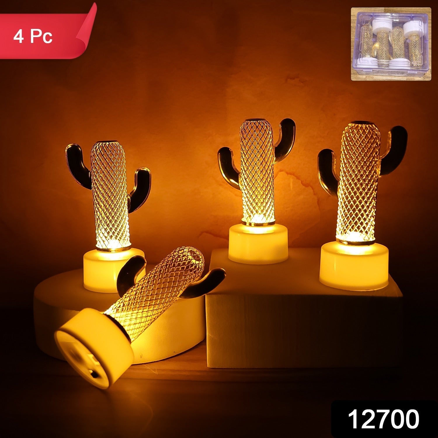 Close-up of a single Cactus Shaped Flameless LED Candle, highlighting its detailed green and golden design.