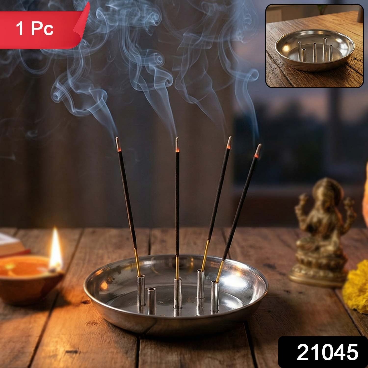Polished stainless steel multi-stick incense holder for pooja rituals