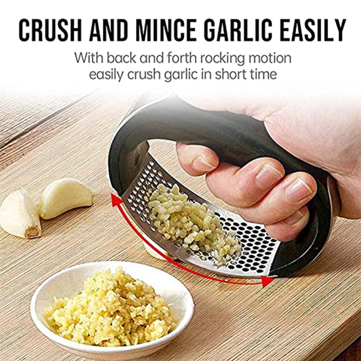 A hand demonstrating the easy-to-use rocking motion of the garlic press for mincing.