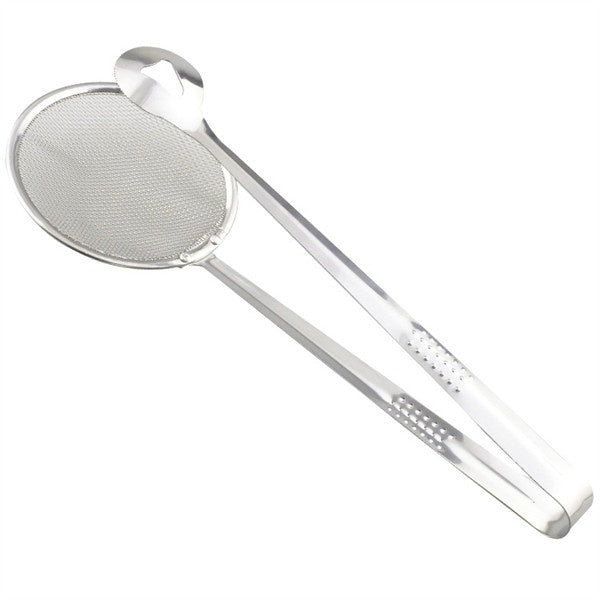 Stainless steel frying filter spoon with food being removed from oil.