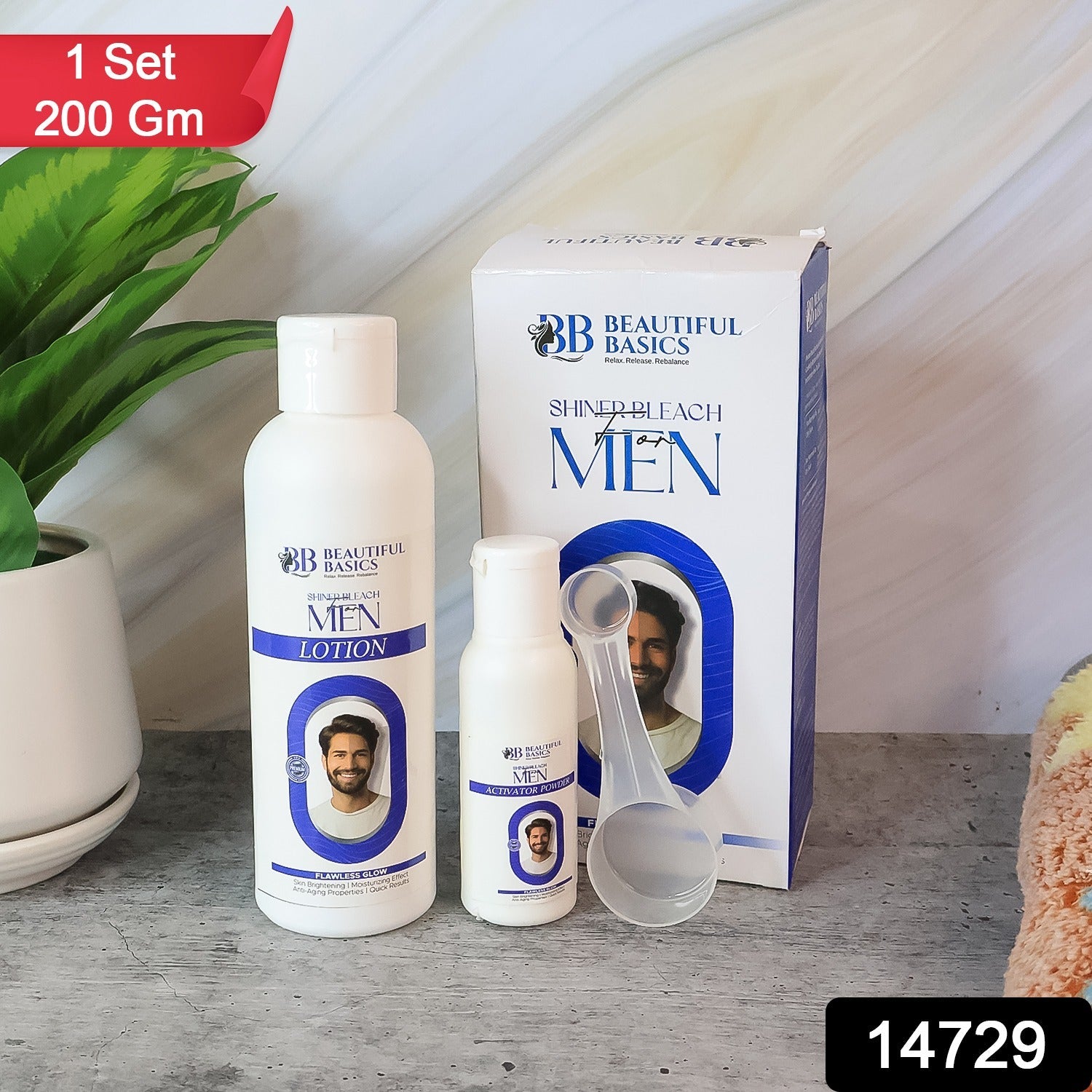 Beautiful Basics men's bleach cream packaging showing skin brightening solution.