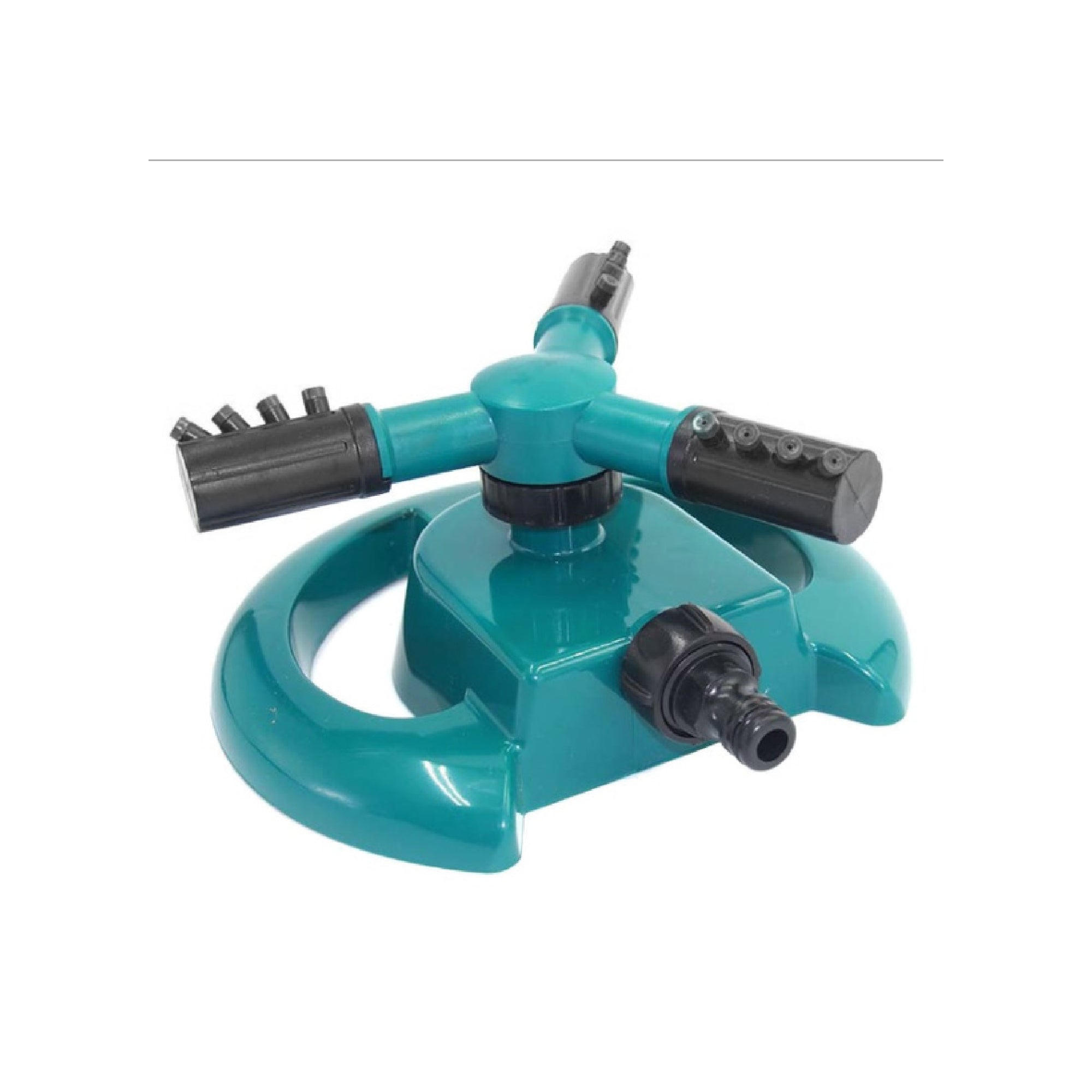 Rotating garden sprinkler efficiently watering a lush green lawn.