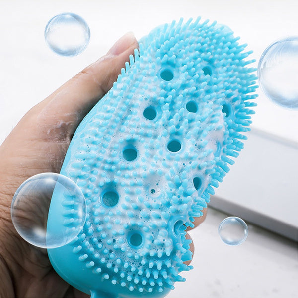 Assorted colored silicone body scrubbers displayed, highlighting their soft texture.