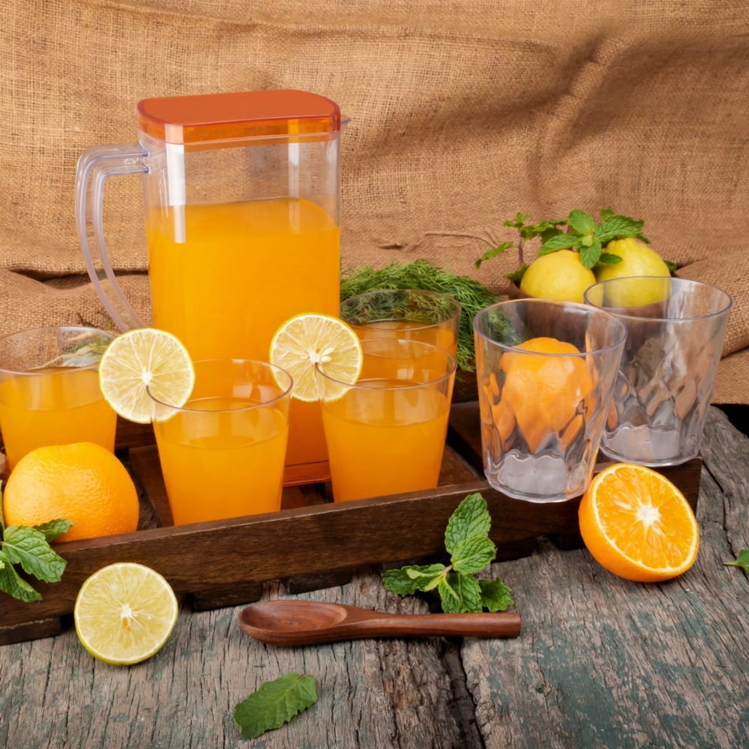 Hydrozilla 2L plastic water jug set with six matching glasses for daily use.