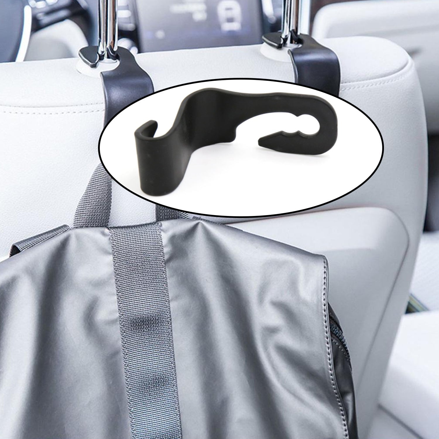Compact car back support hanger securely attached to a car seat.
