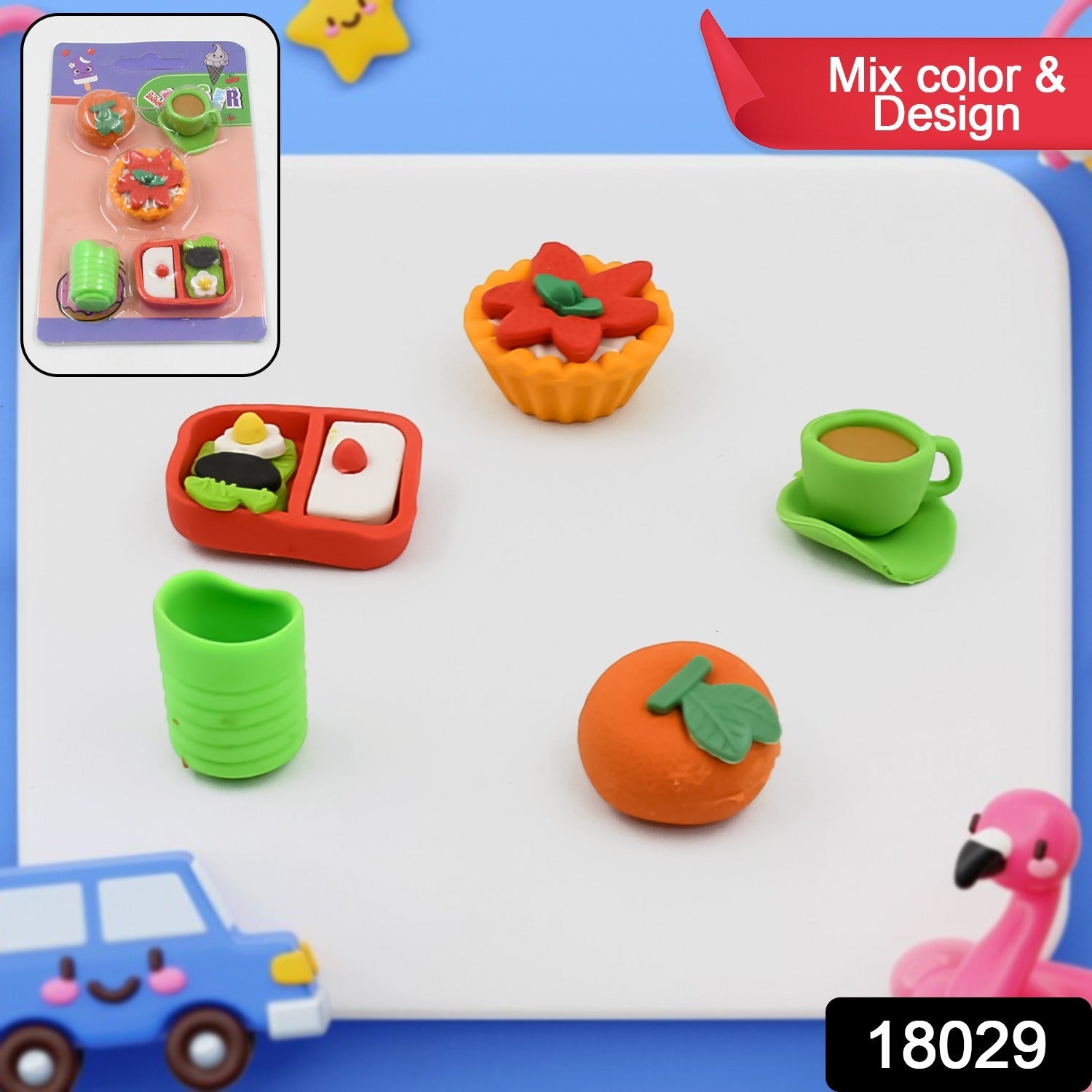 Close-up of assorted novelty erasers in a 3D mix design, perfect as school supplies or birthday return gifts.