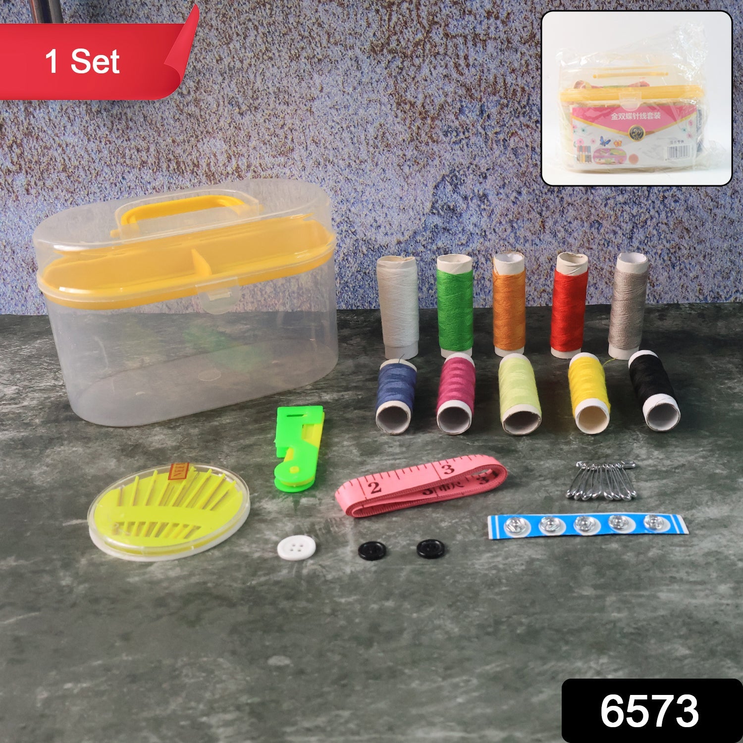 Hand sewing kit contents: vibrant threads, sharp scissors, and various needles.
