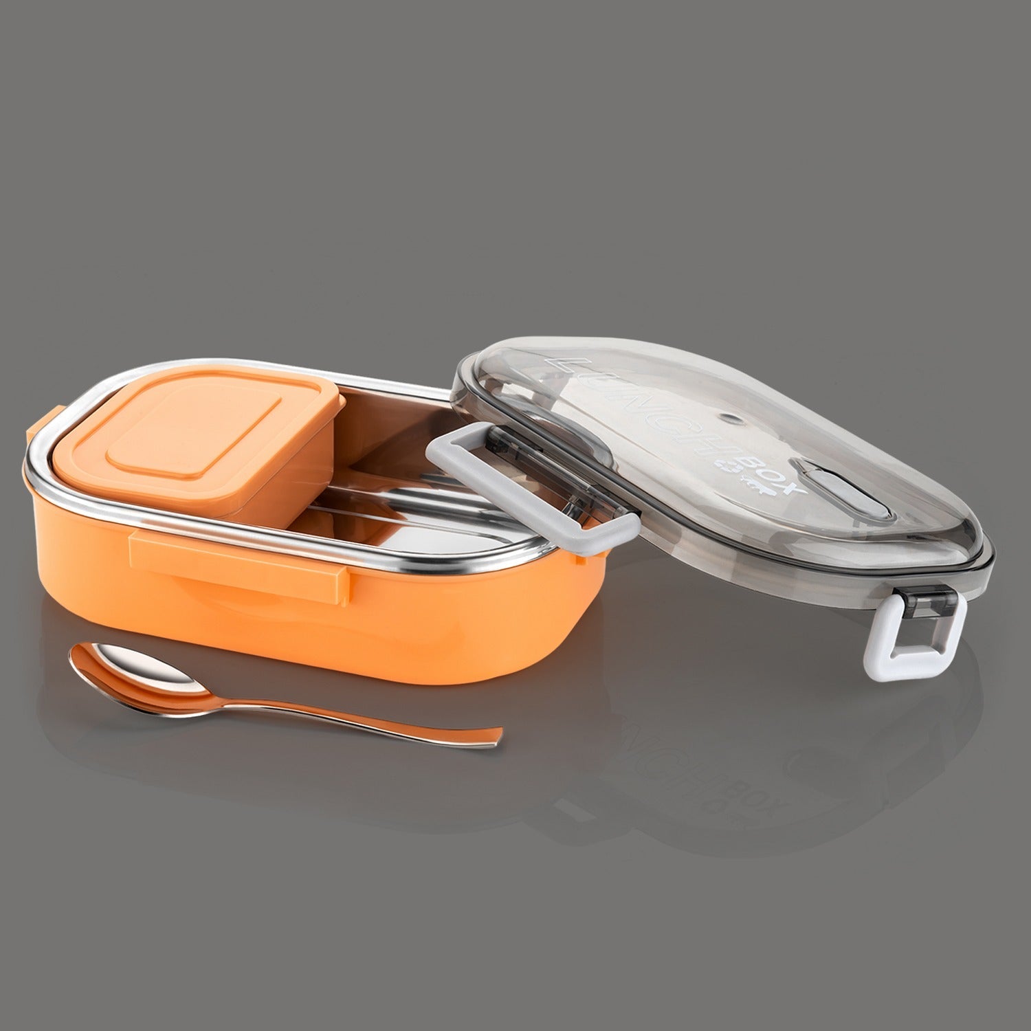 Open premium lunch box showing three separate stainless steel compartments