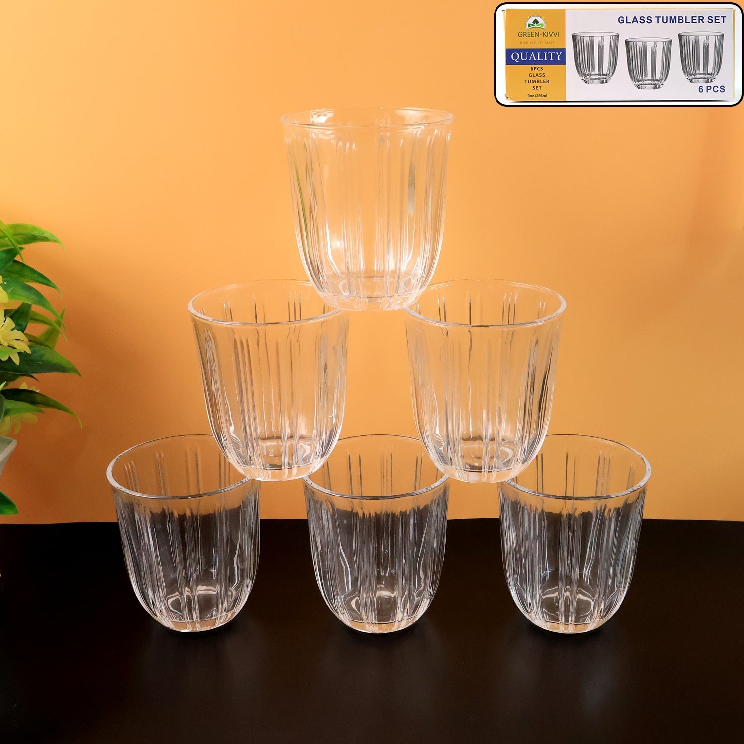 Set of six ribbed transparent glass tumblers 256 ml each